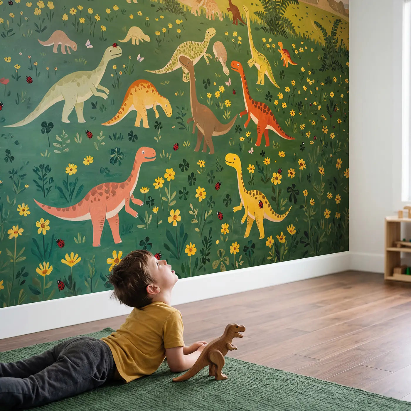 Child in nursery with Baby Dinosaurs Playing Fern Wallpaper Mural by Whimsy Tots