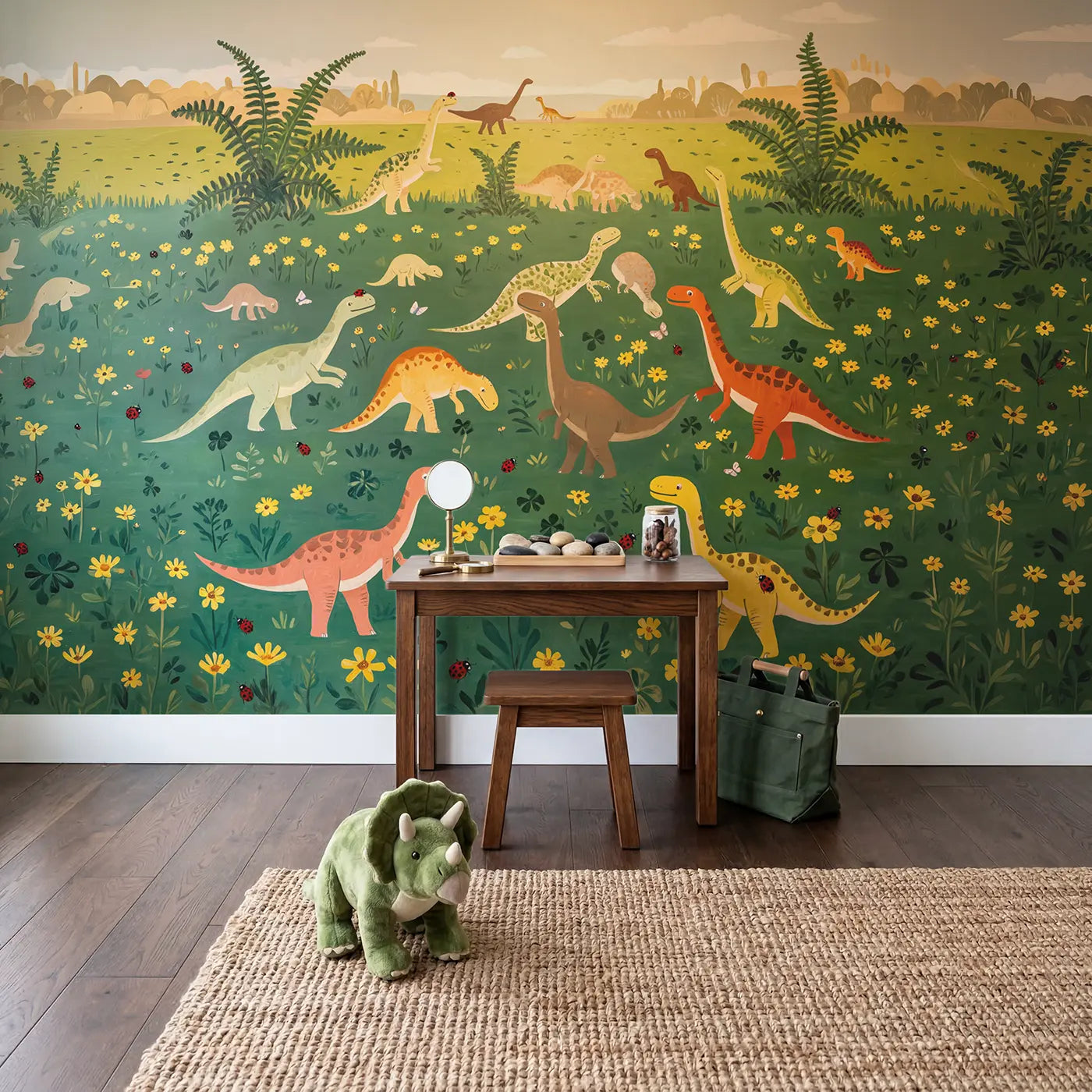 Baby Dinosaurs Playing Fern Wallpaper Mural in playroom setting by Whimsy Tots
