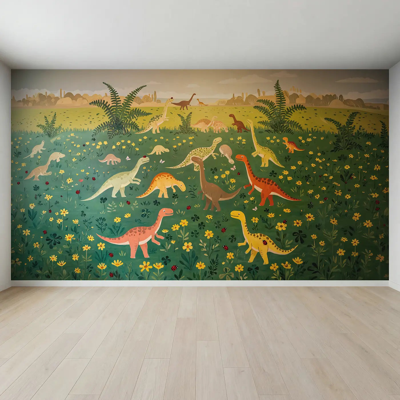 Full view of Baby Dinosaurs Playing Fern Wallpaper Mural by Whimsy Tots