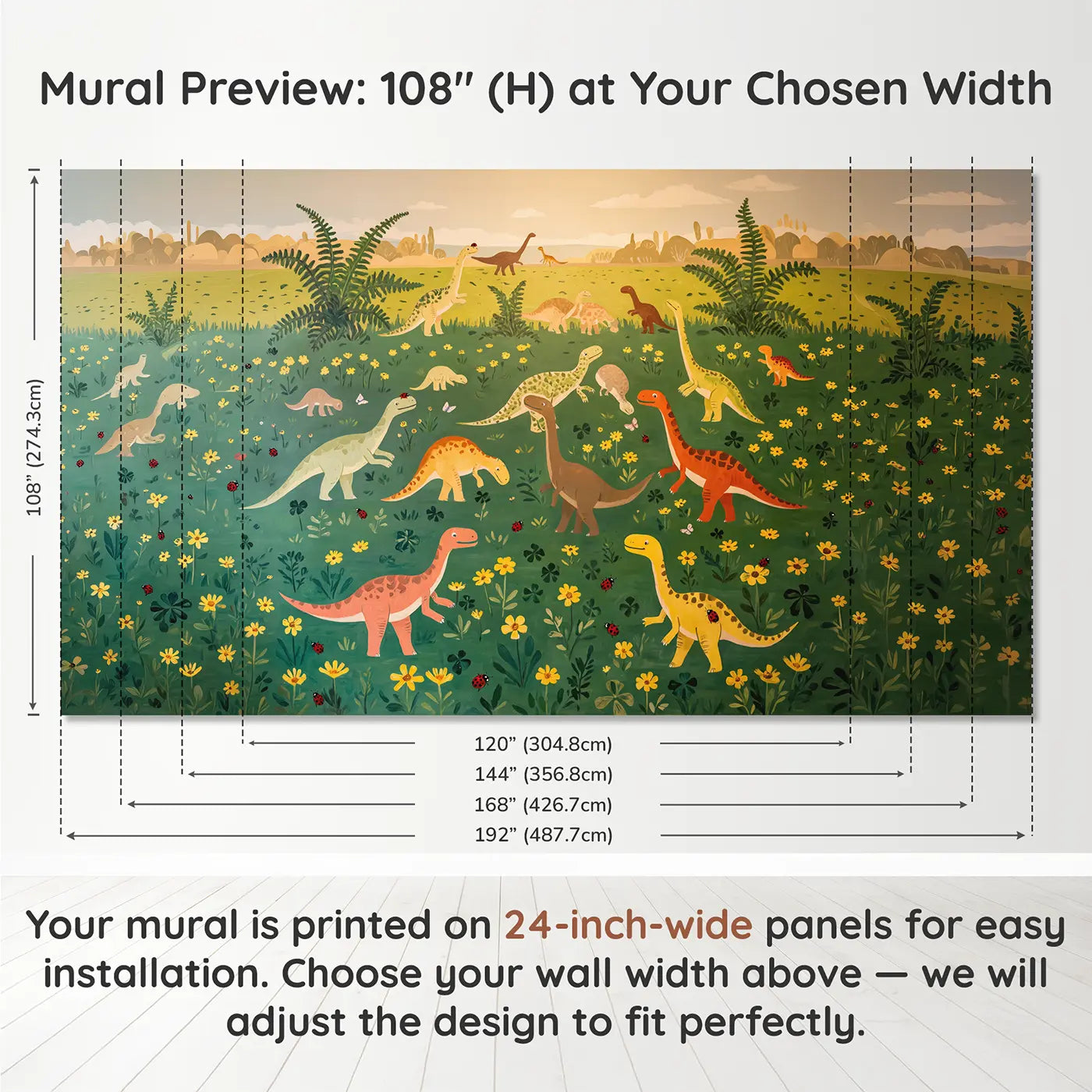 Panel layout and dimensions for Baby Dinosaurs Playing Fern Wallpaper Mural by Whimsy Tots