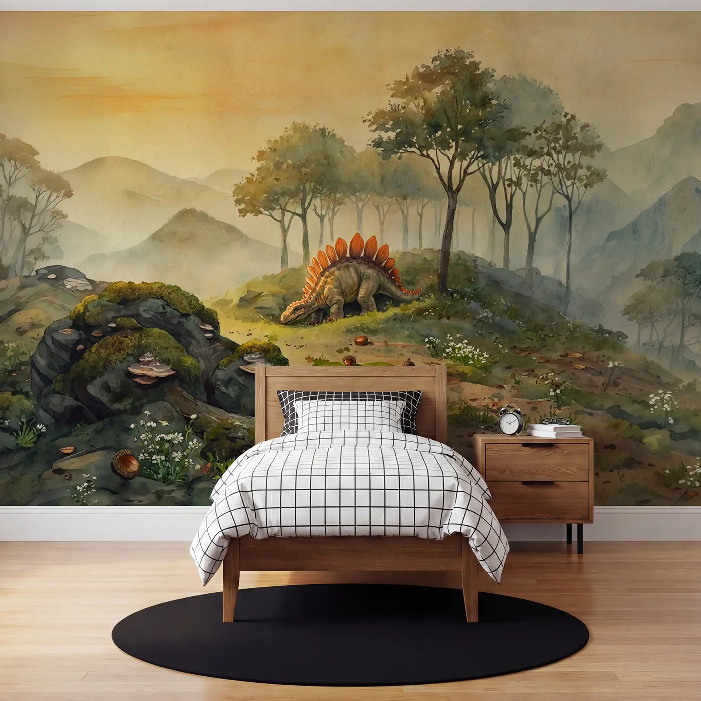 Watercolor stegosaurus back plates dawn wallpaper mural for kids room by Whimsy Tots