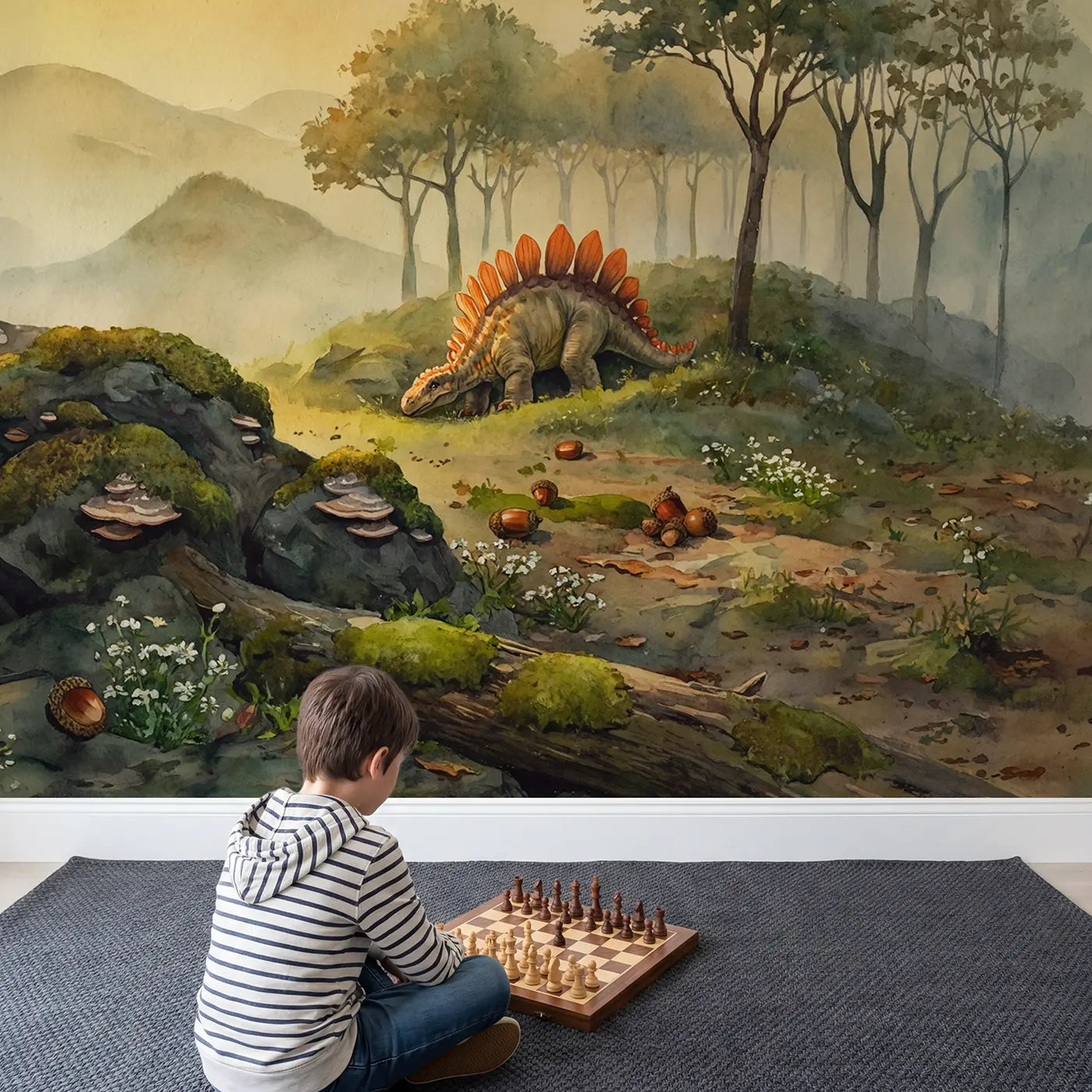 Child in nursery with Stegosaurus Back Plates Catching Wallpaper Mural by Whimsy Tots