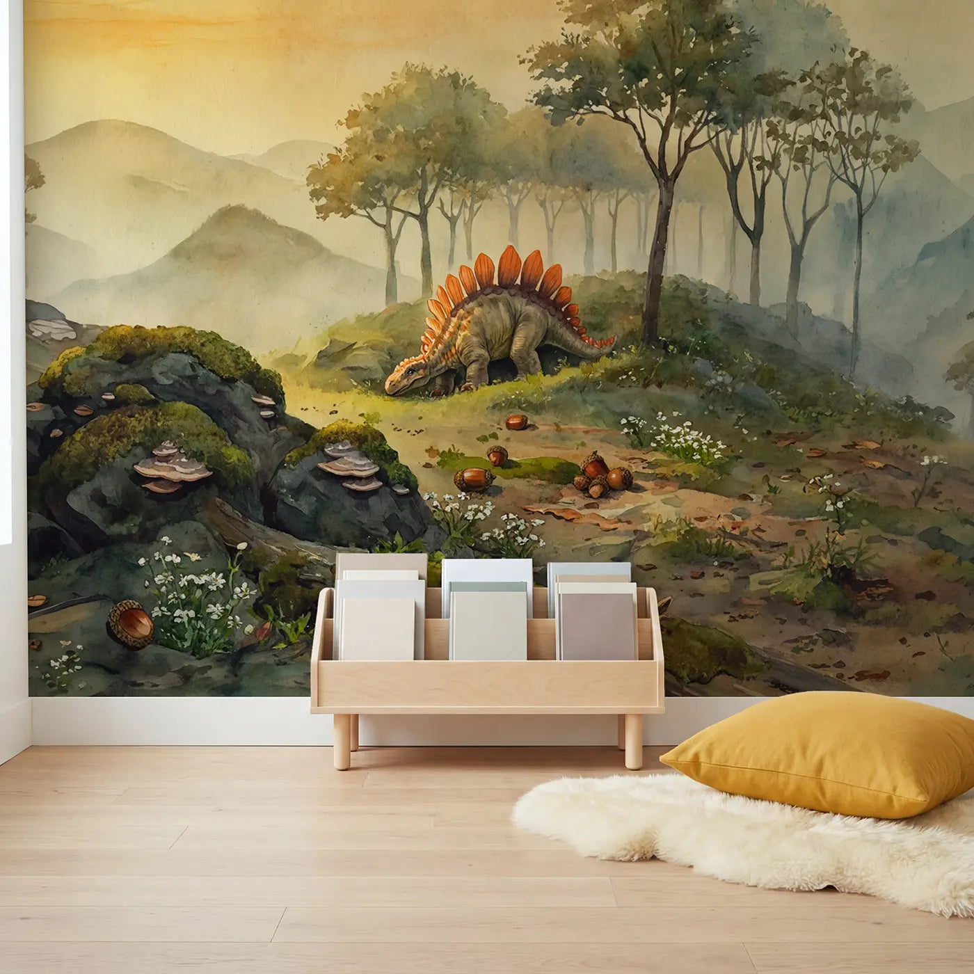 Stegosaurus Back Plates Catching Wallpaper Mural in playroom setting by Whimsy Tots