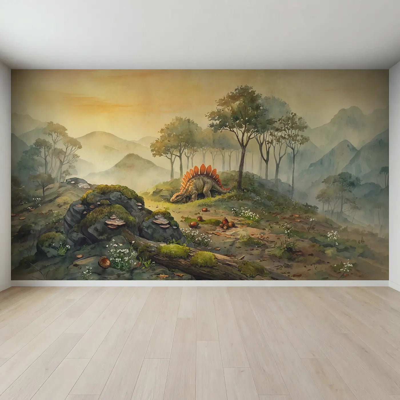 Full view of Stegosaurus Back Plates Catching Wallpaper Mural by Whimsy Tots