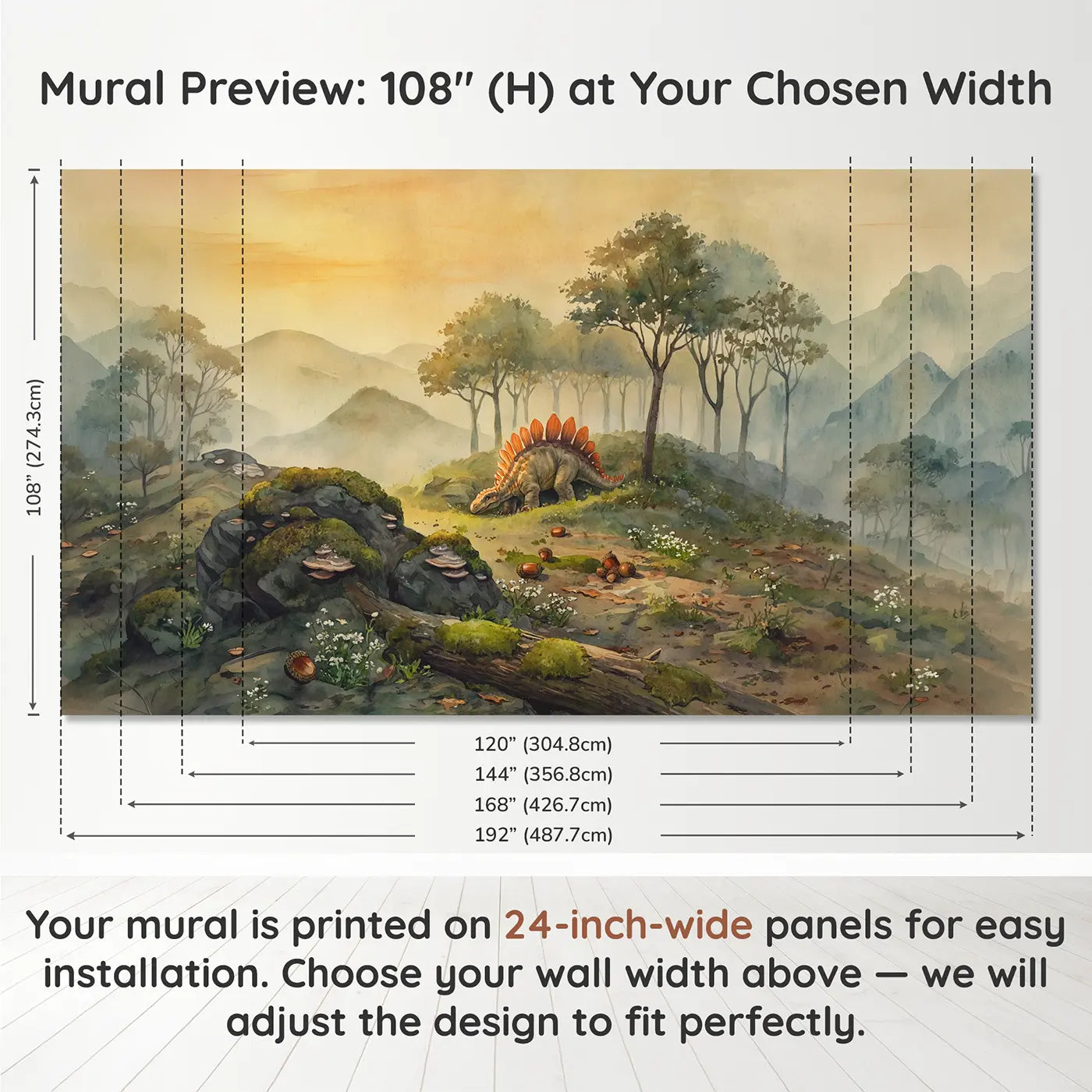 Panel layout and dimensions for Stegosaurus Back Plates Catching Wallpaper Mural by Whimsy Tots