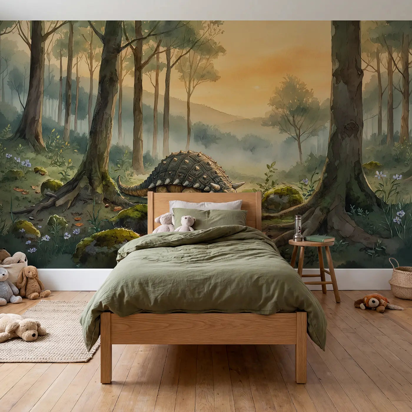 watercolor ankylosaurus armored shell wallpaper mural for kids room by Whimsy Tots