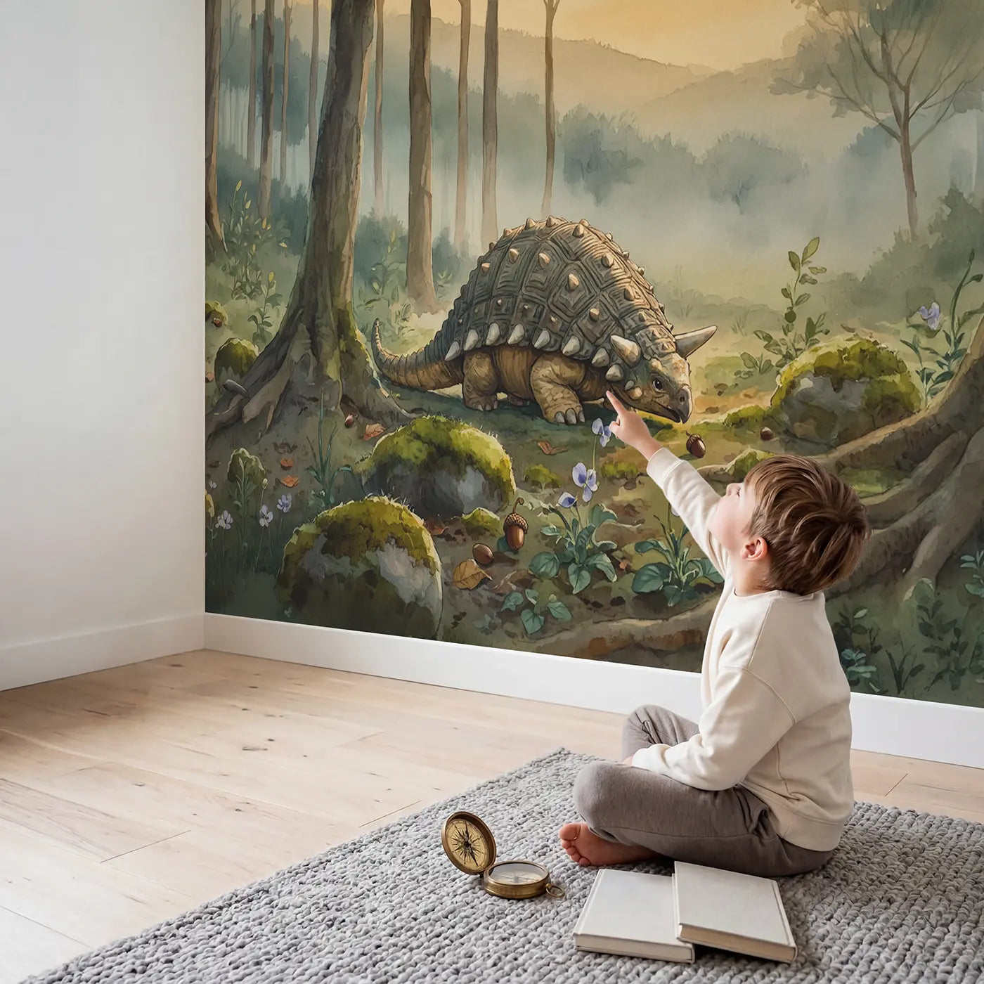 Child in nursery with Ankylosaurus Armored Shell Closeup Wallpaper Mural by Whimsy Tots