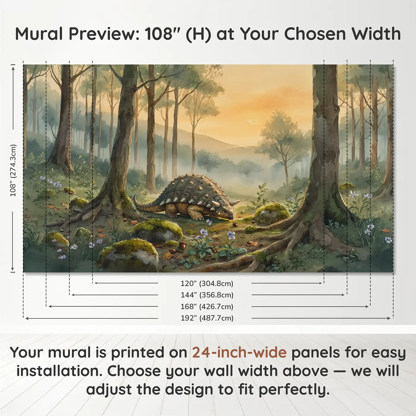 Panel layout and dimensions for Ankylosaurus Armored Shell Closeup Wallpaper Mural by Whimsy Tots