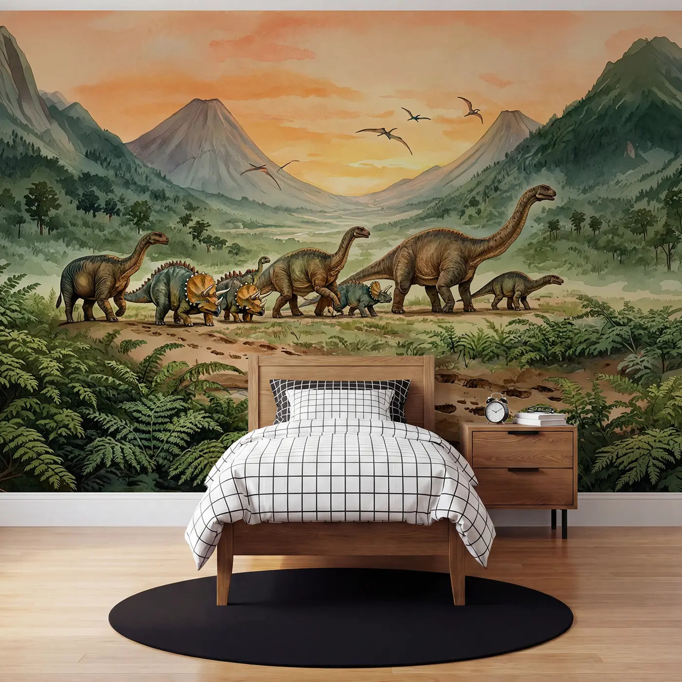 Watercolor dinosaur parade in valley wallpaper mural for kids room by Whimsy Tots