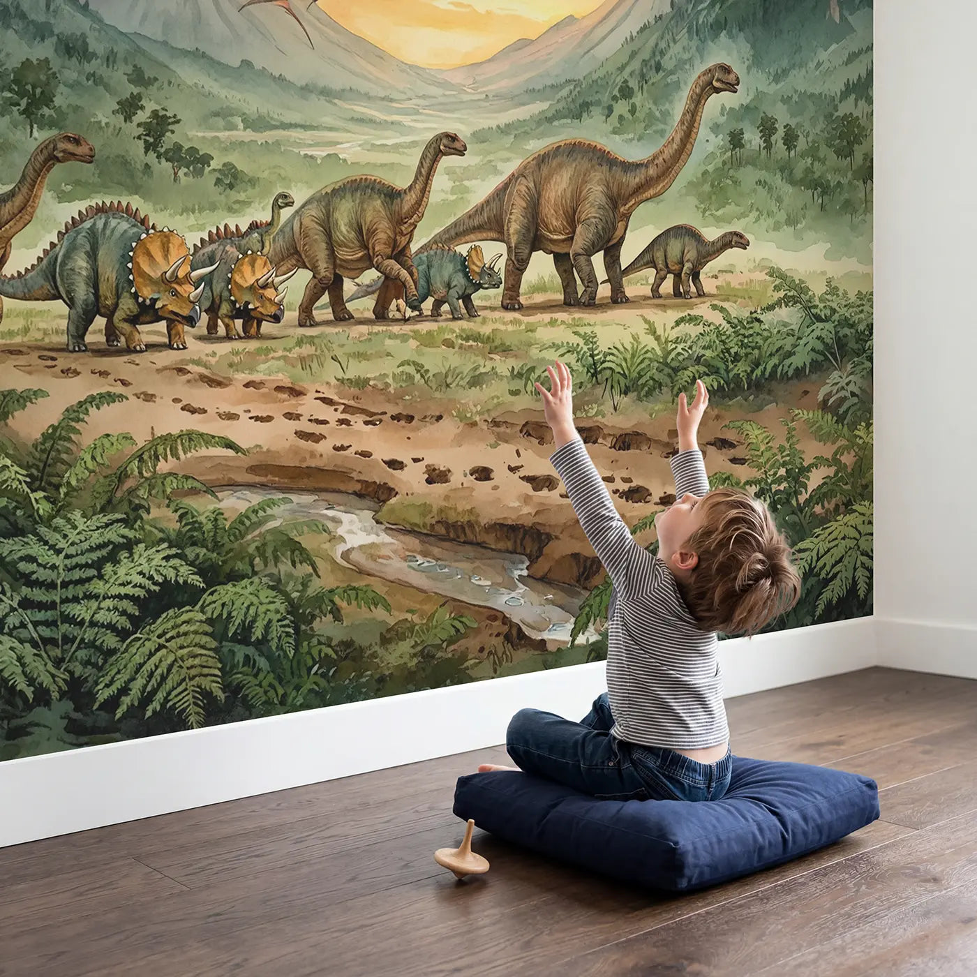 Child in nursery with Dinosaur Migration Valley Wallpaper Mural by Whimsy Tots