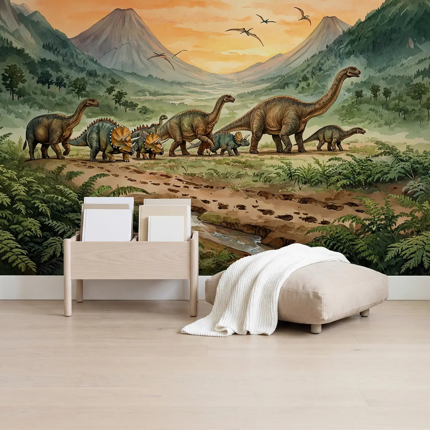 Dinosaur Migration Valley Wallpaper Mural in playroom setting by Whimsy Tots