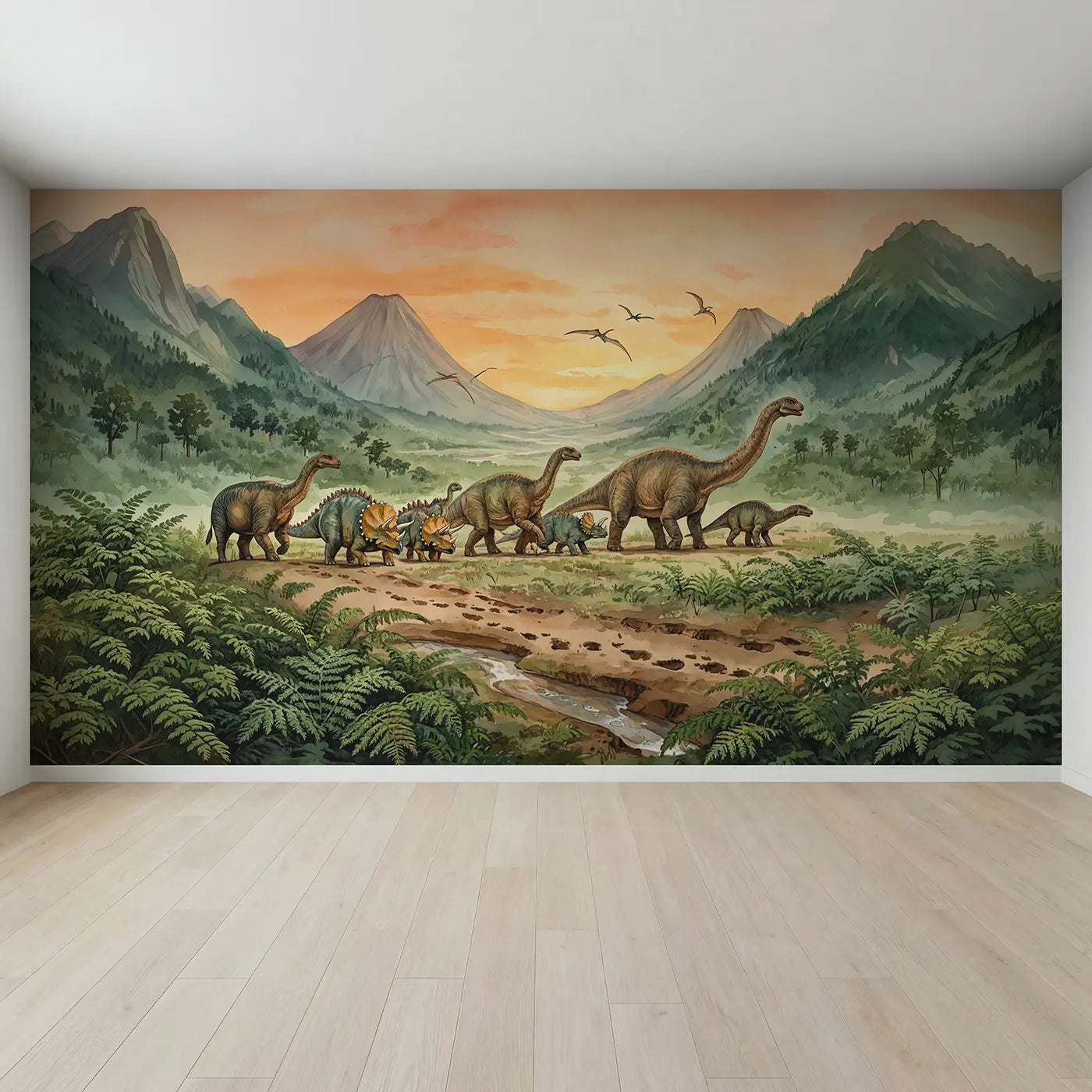 Full view of Dinosaur Migration Valley Wallpaper Mural by Whimsy Tots