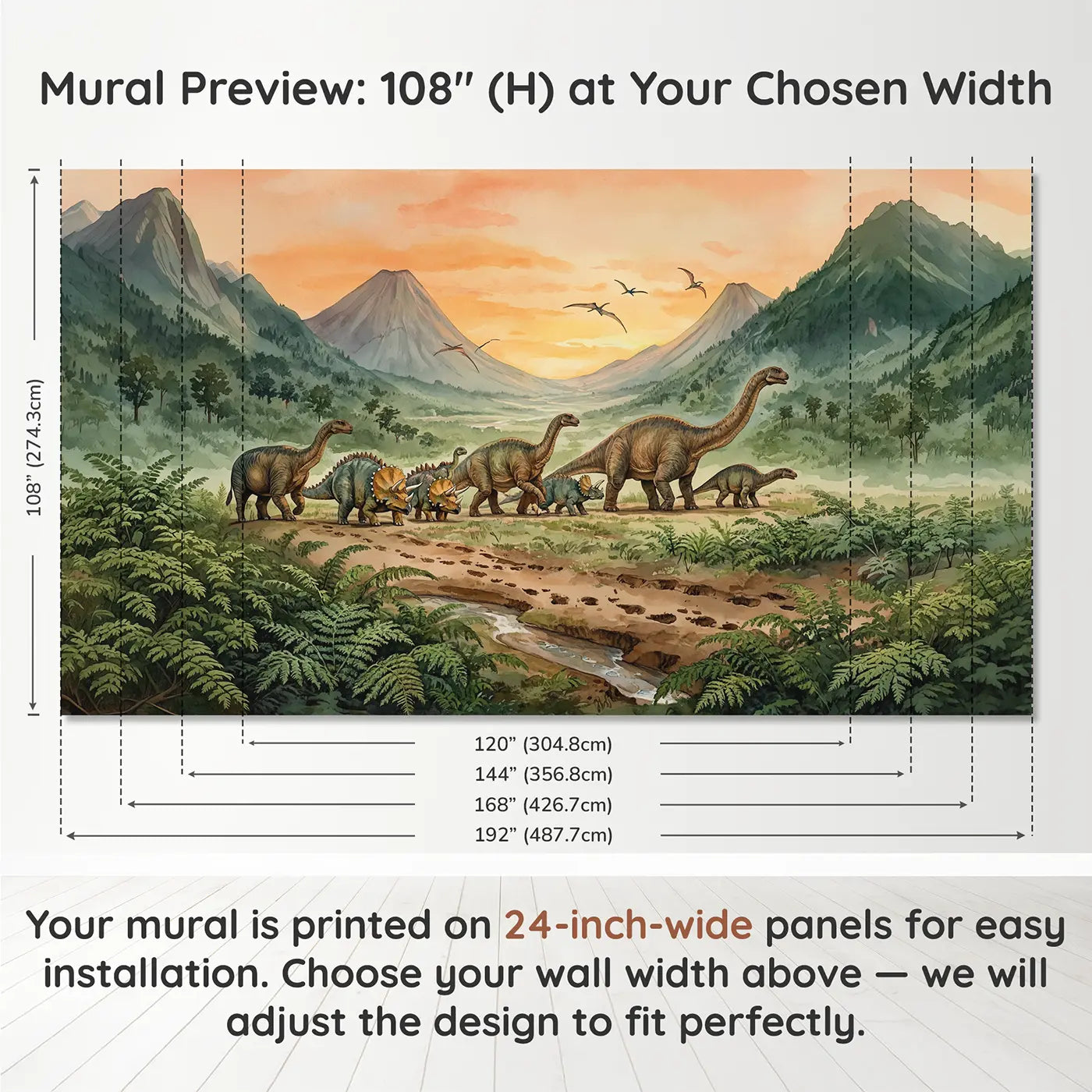 Panel layout and dimensions for Dinosaur Migration Valley Wallpaper Mural by Whimsy Tots