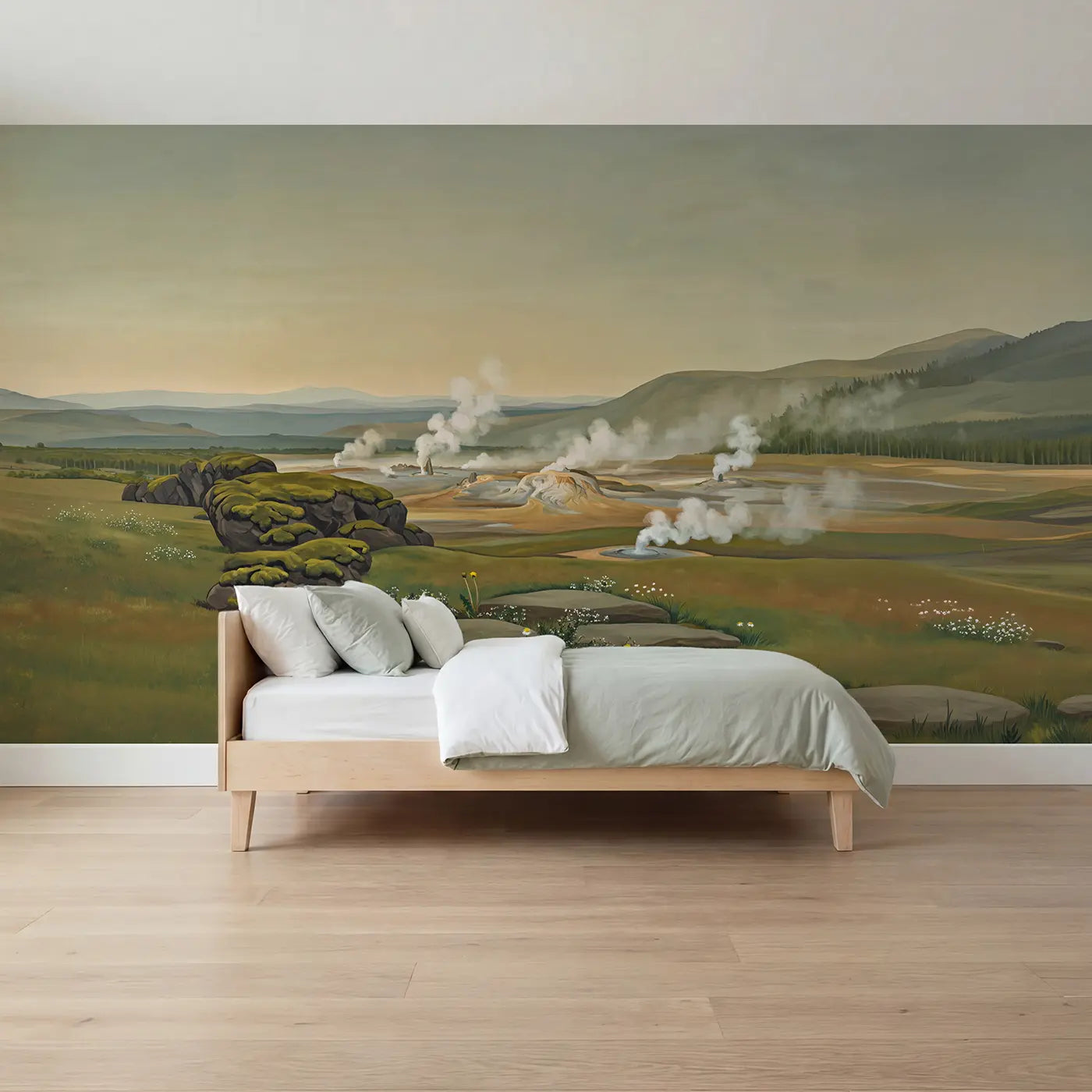 illustrated geyser field dinosaurs wallpaper mural for kids room by Whimsy Tots