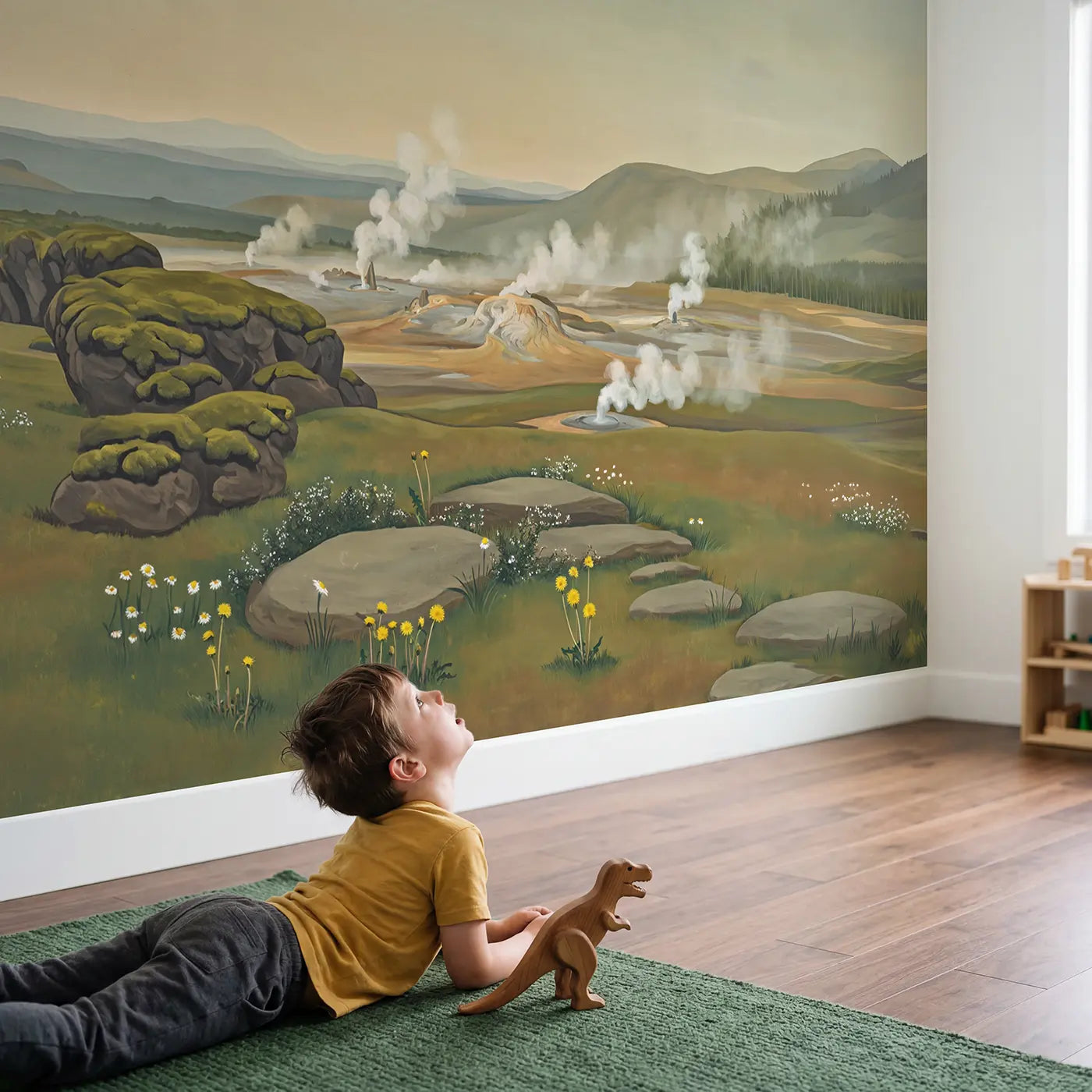 Child in nursery with Geyser Field Prehistoric Setting Wallpaper Mural by Whimsy Tots