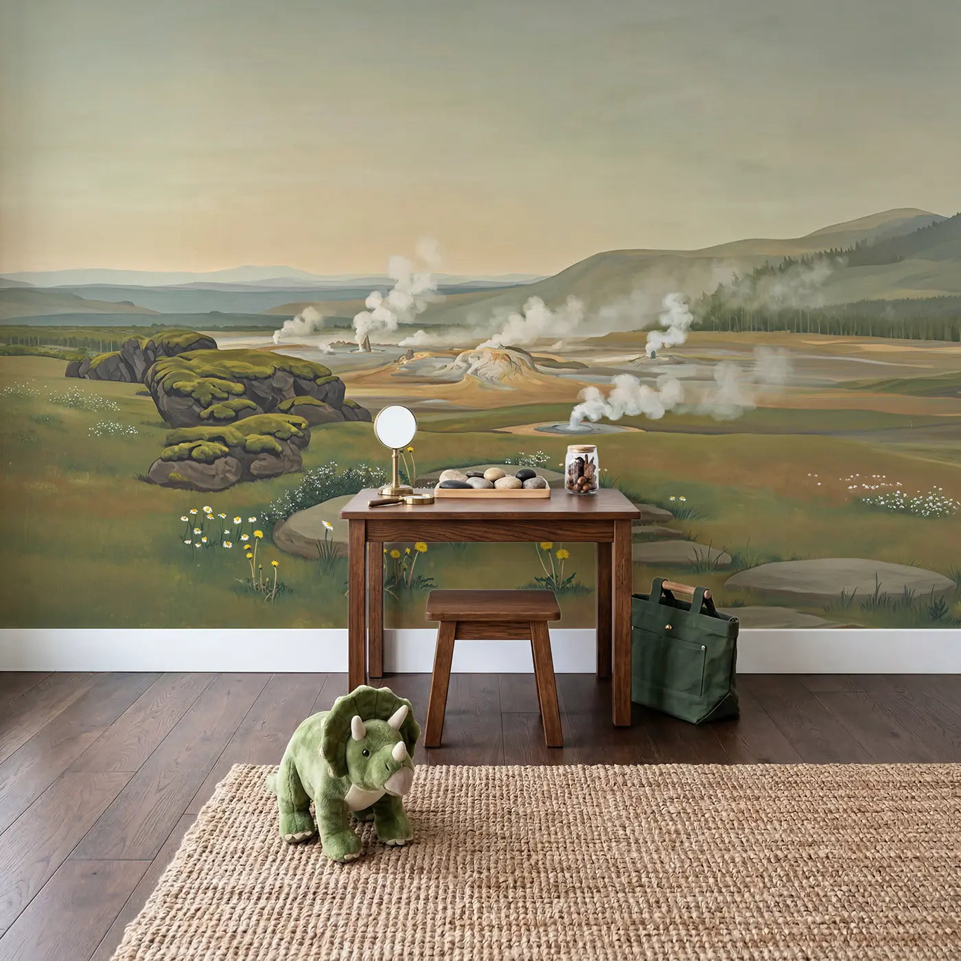 Geyser Field Prehistoric Setting Wallpaper Mural in playroom setting by Whimsy Tots