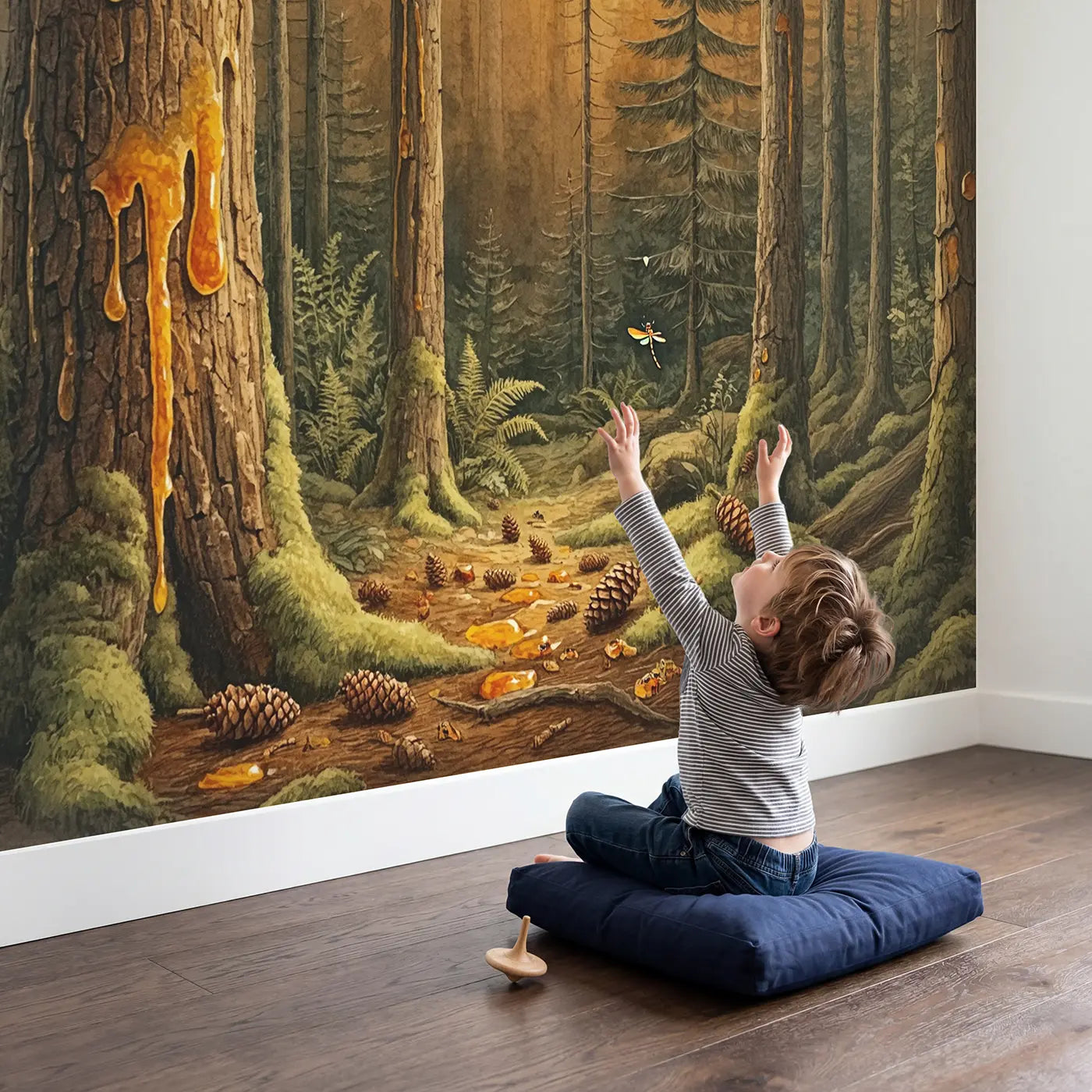Child in nursery with Amber Resin Forest Wallpaper Mural by Whimsy Tots