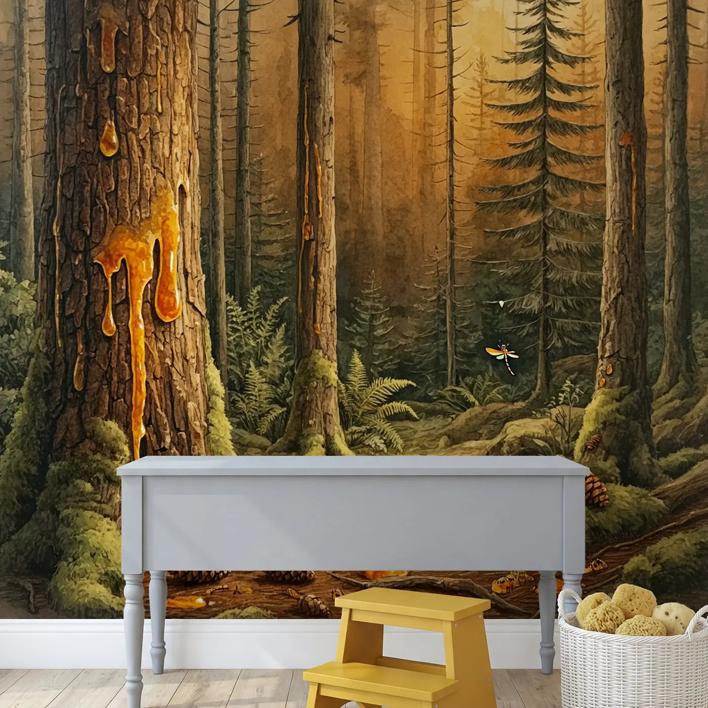 Amber Resin Forest Wallpaper Mural in playroom setting by Whimsy Tots