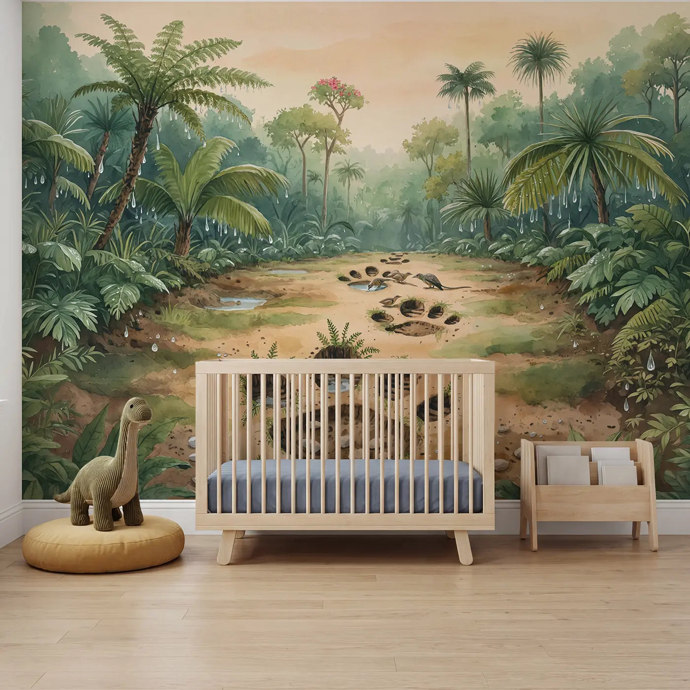 Watercolor prehistoric and fern wallpaper mural for boys room by Whimsy Tots