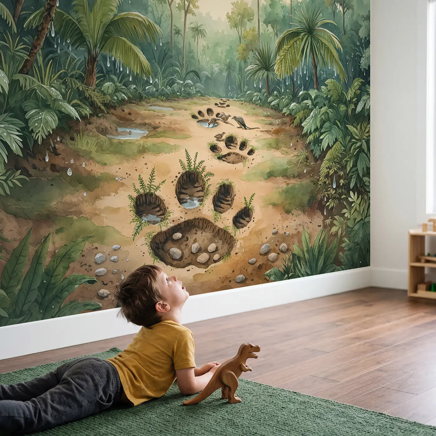Child in nursery with Dinosaur Footprint Jungle Clearing Wallpaper Mural by Whimsy Tots