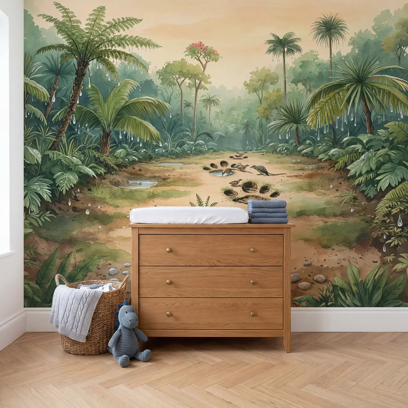 Dinosaur Footprint Jungle Clearing Wallpaper Mural in playroom setting by Whimsy Tots