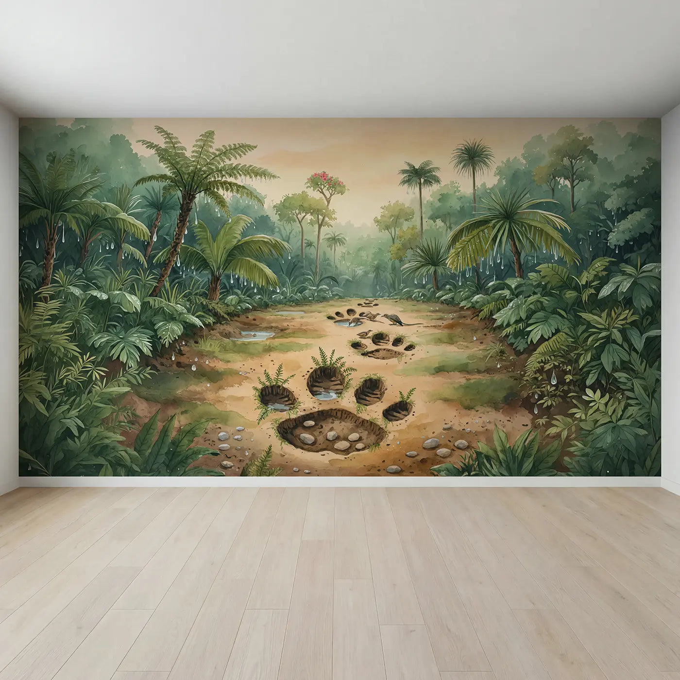 Full view of Dinosaur Footprint Jungle Clearing Wallpaper Mural by Whimsy Tots