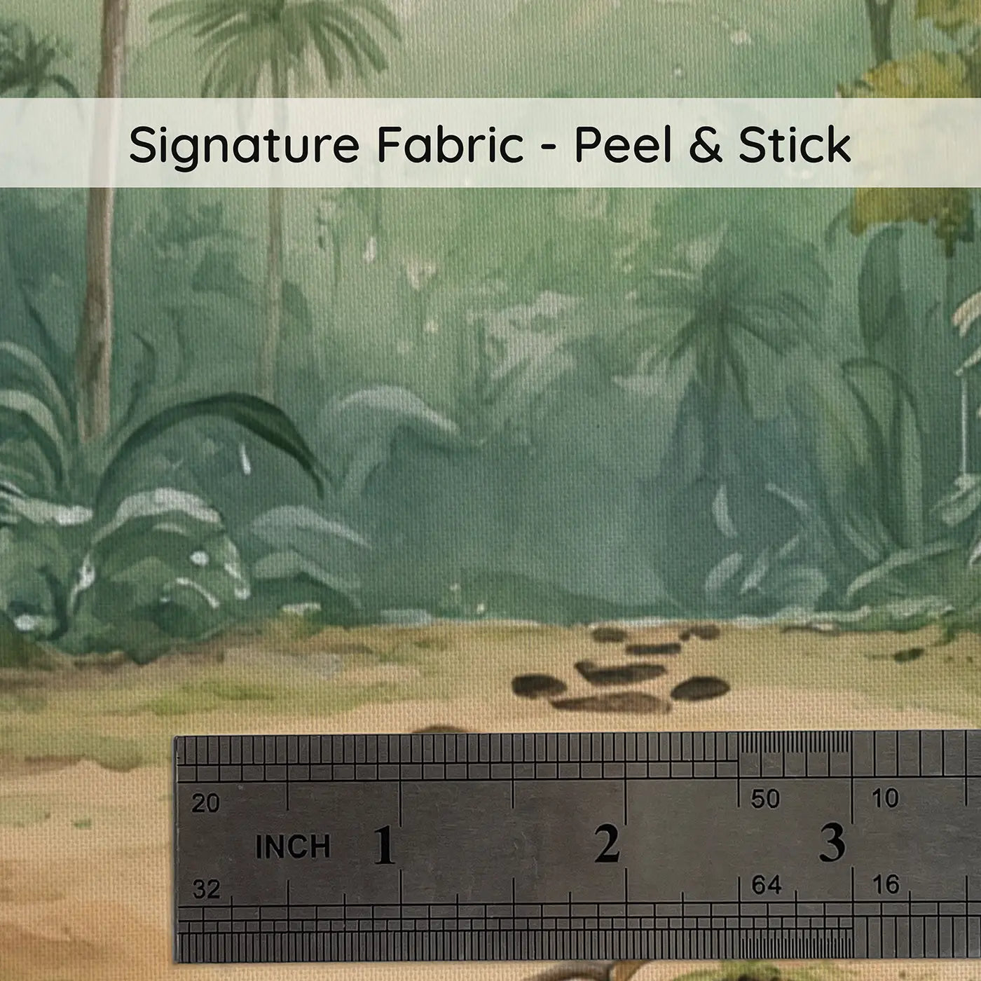 Fabric texture close-up of Dinosaur Footprint Jungle Clearing Wallpaper Mural by Whimsy Tots
