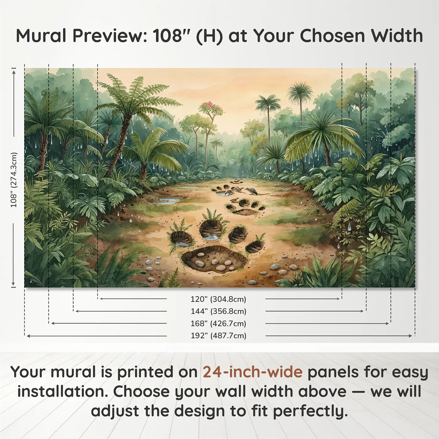 Panel layout and dimensions for Dinosaur Footprint Jungle Clearing Wallpaper Mural by Whimsy Tots