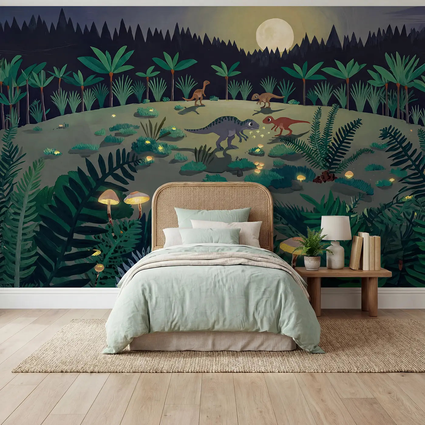Modern illustration dinosaur prehistoric wallpaper mural for kids room by Whimsy Tots
