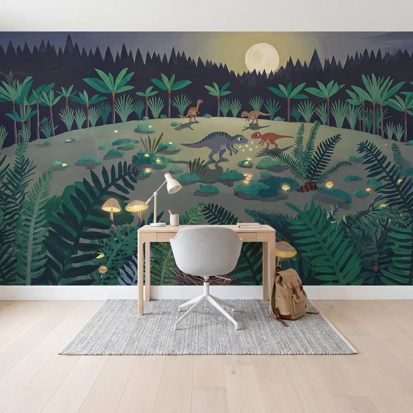 Moonlit Dinosaur Clearing Wallpaper Mural in playroom setting by Whimsy Tots