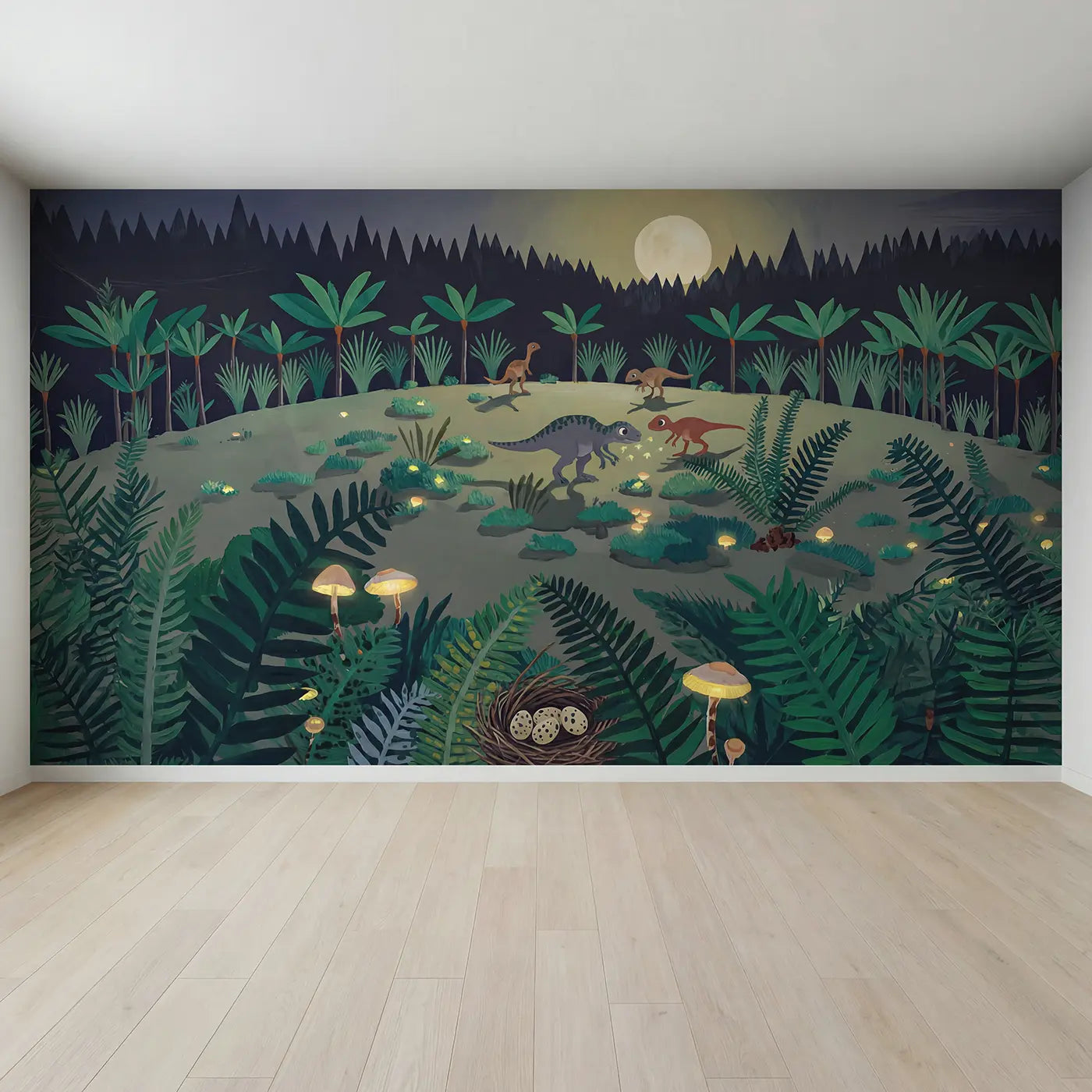 Full view of Moonlit Dinosaur Clearing Wallpaper Mural by Whimsy Tots