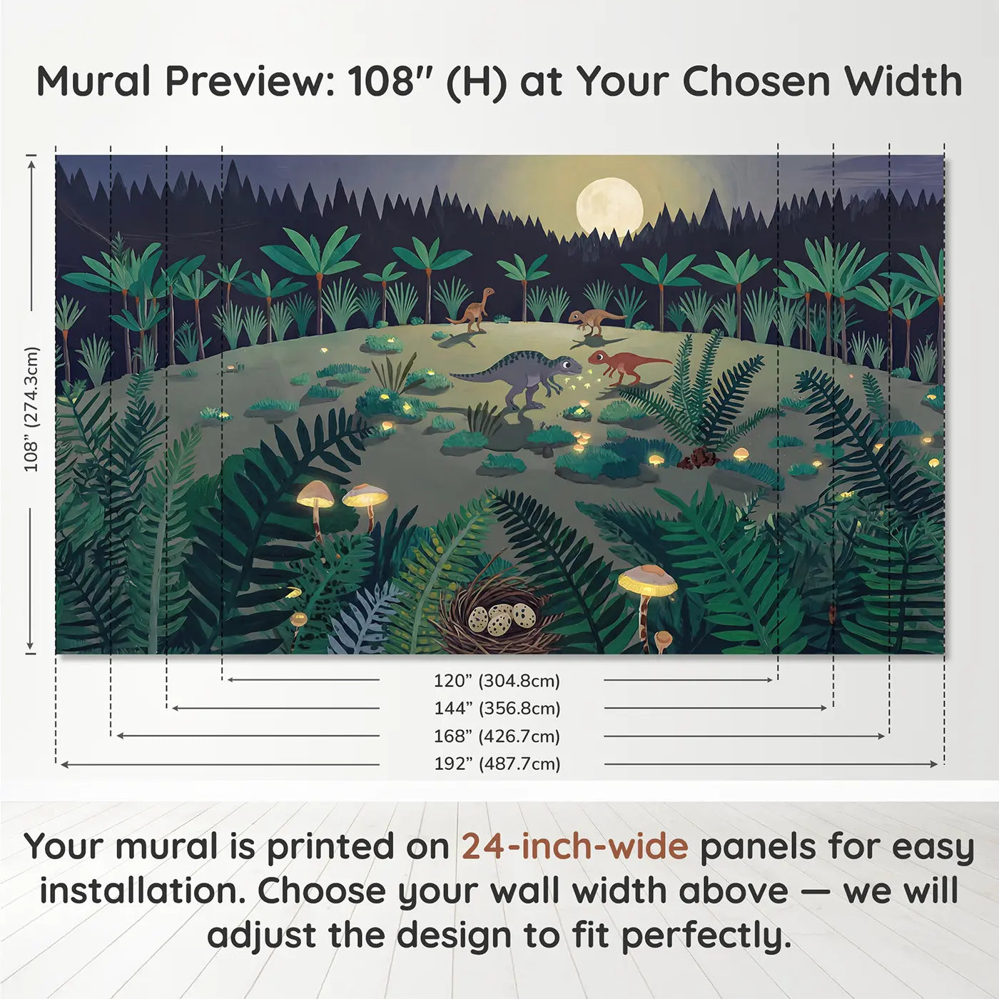Panel layout and dimensions for Moonlit Dinosaur Clearing Wallpaper Mural by Whimsy Tots