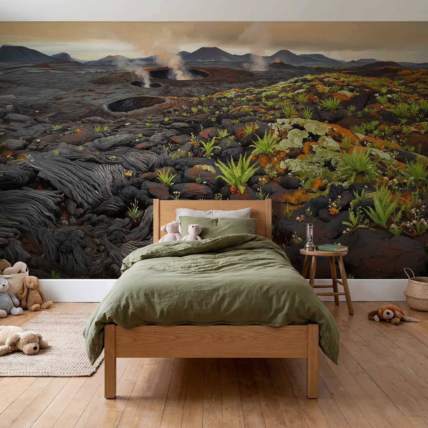 soft pastel volcanic landscape new growth ferns wallpaper mural for kids room by Whimsy Tots