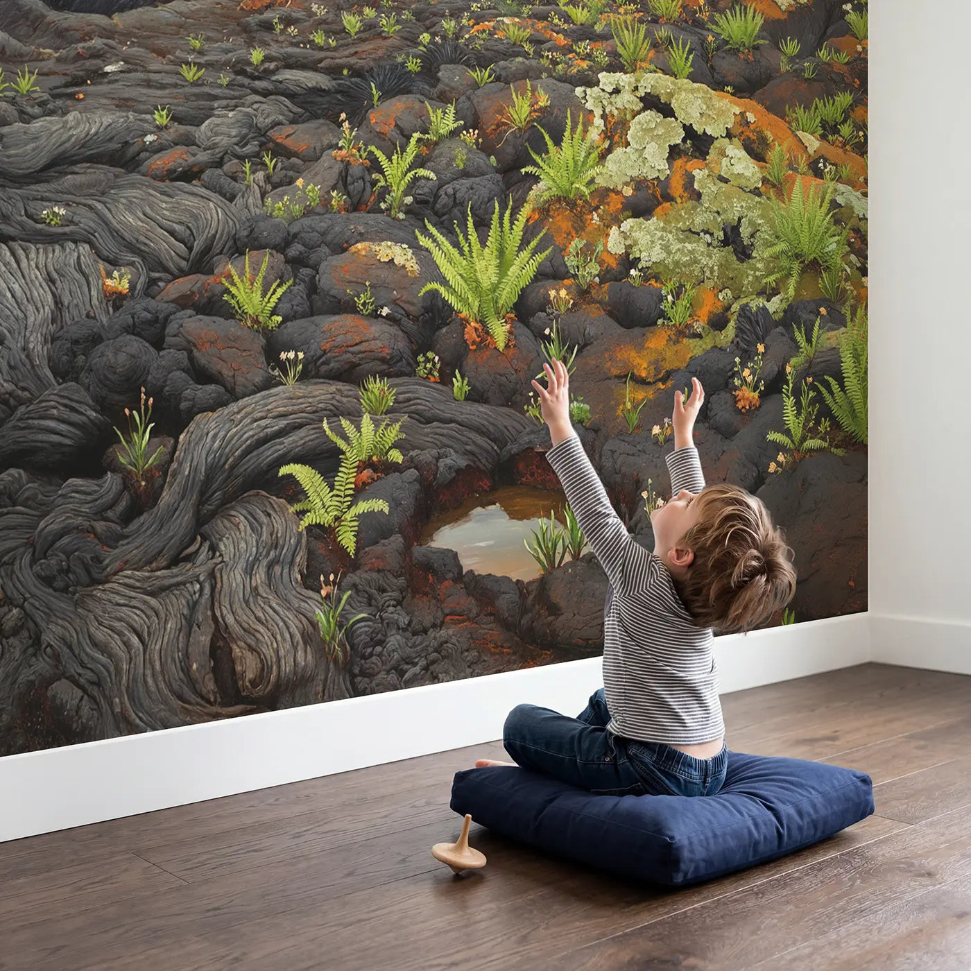Child in nursery with Volcanic New Growth Landscape Wallpaper Mural by Whimsy Tots