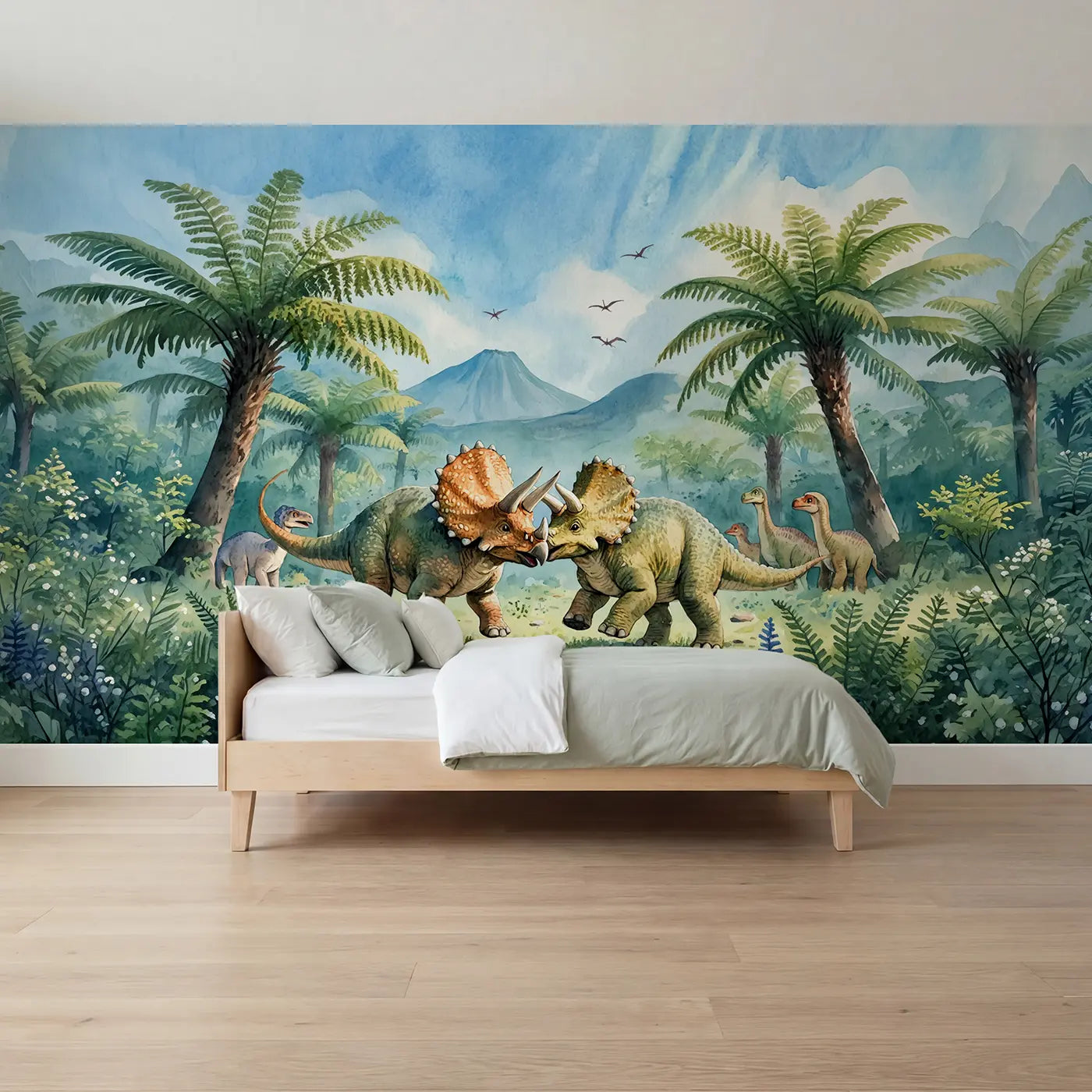 watercolor triceratops playing prehistoric meadow wallpaper mural for boys room by Whimsy Tots