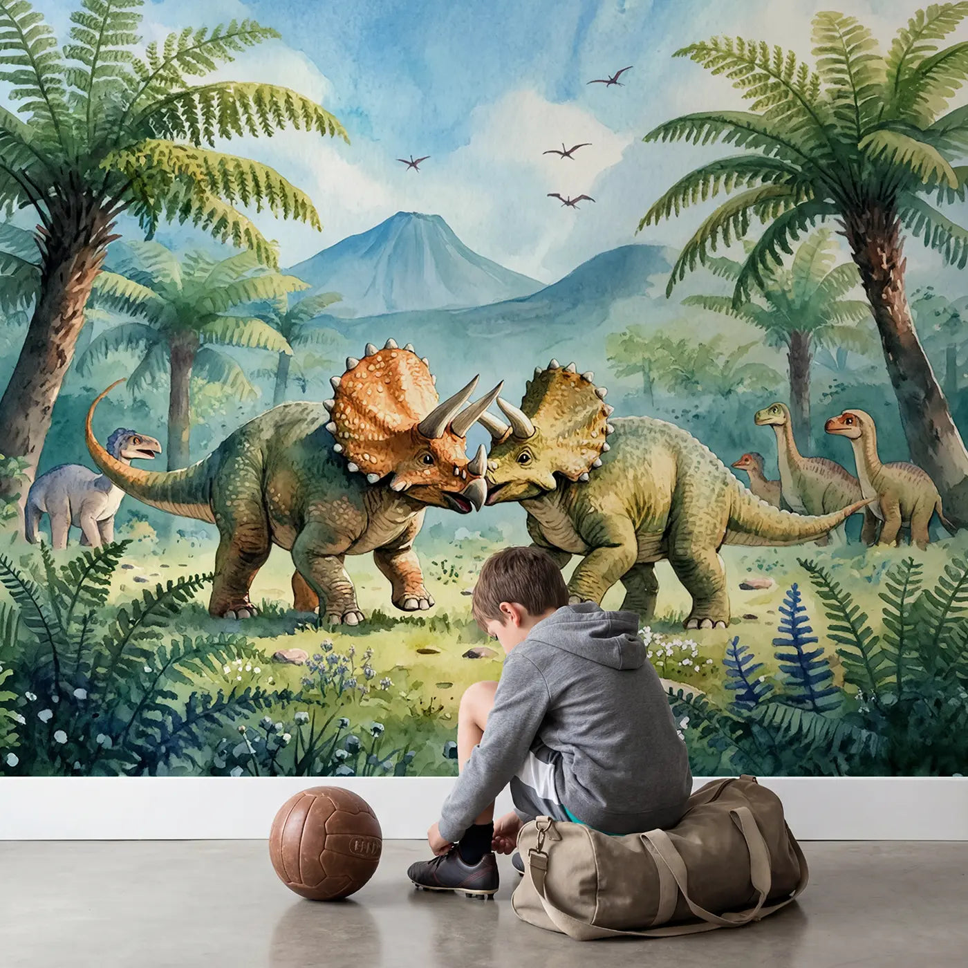 Child in nursery with Triceratops Meadow Games Wallpaper Mural by Whimsy Tots