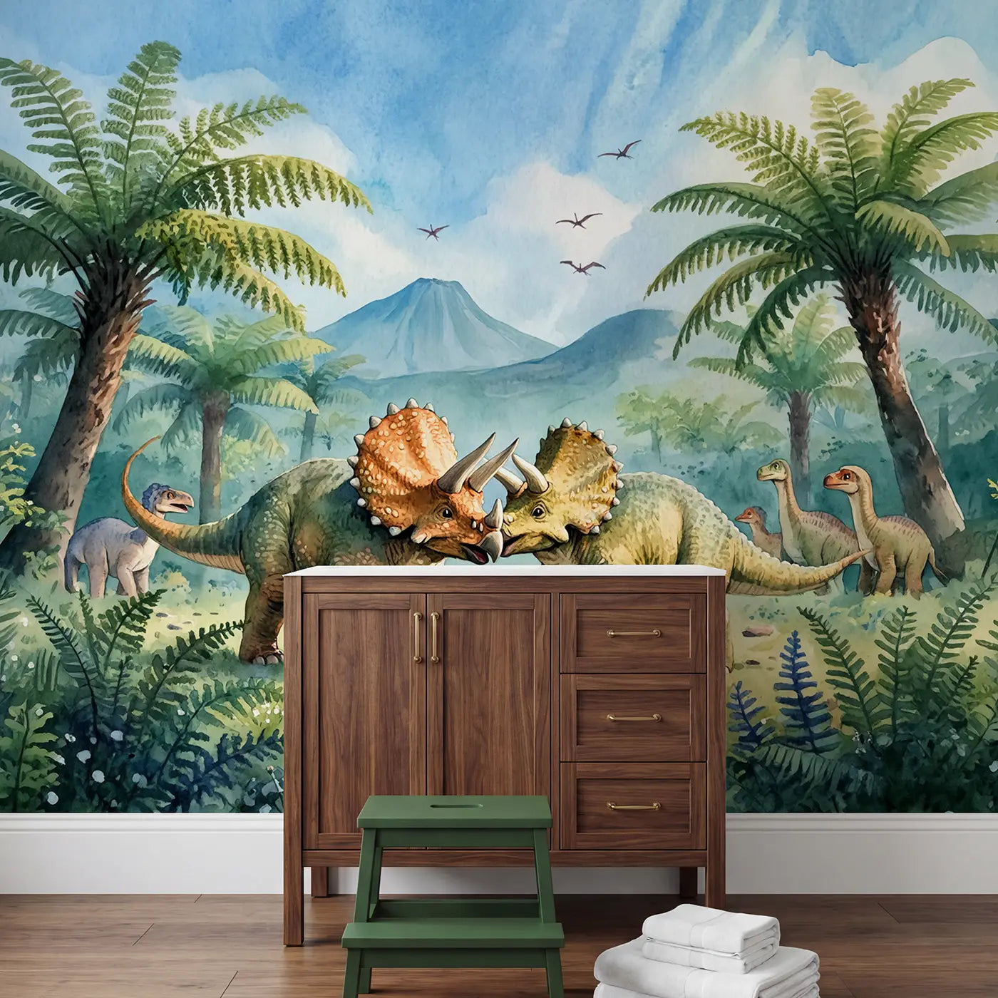 Triceratops Meadow Games Wallpaper Mural in playroom setting by Whimsy Tots