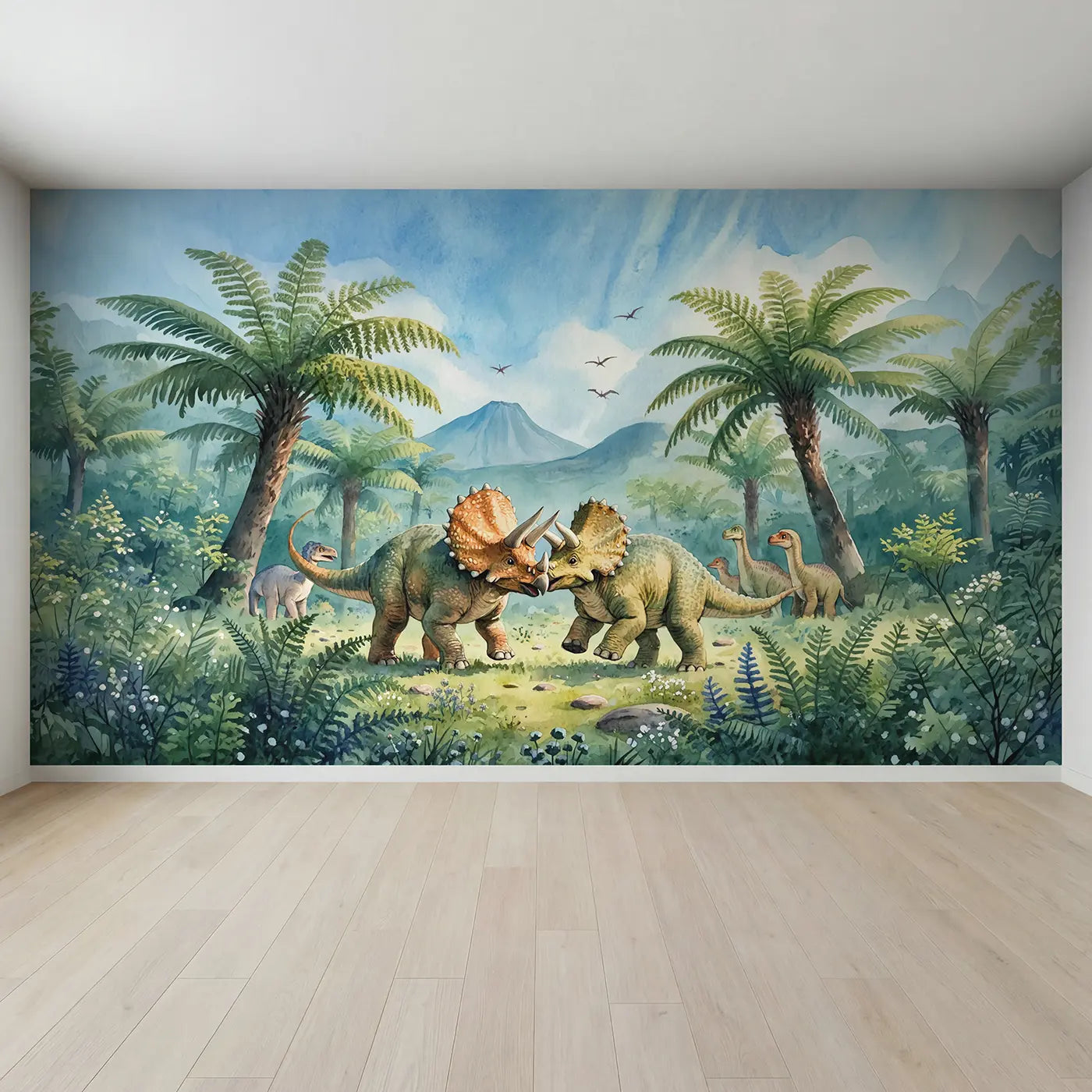 Full view of Triceratops Meadow Games Wallpaper Mural by Whimsy Tots
