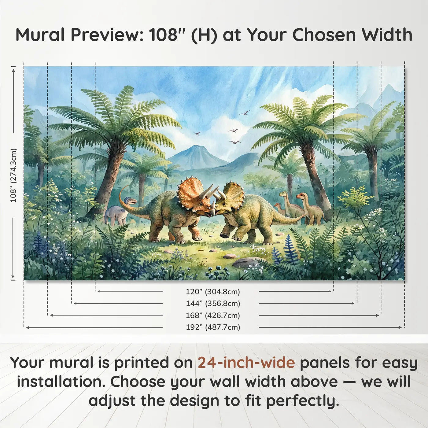 Panel layout and dimensions for Triceratops Meadow Games Wallpaper Mural by Whimsy Tots