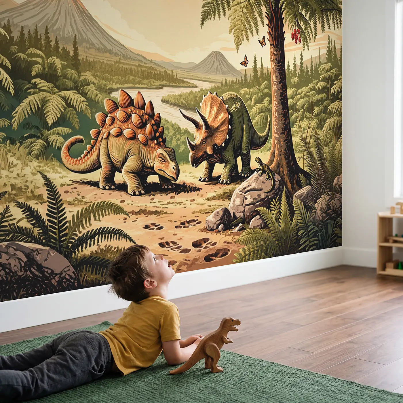 Child in nursery with Dinosaur Shade Rest Afternoon Wallpaper Mural by Whimsy Tots