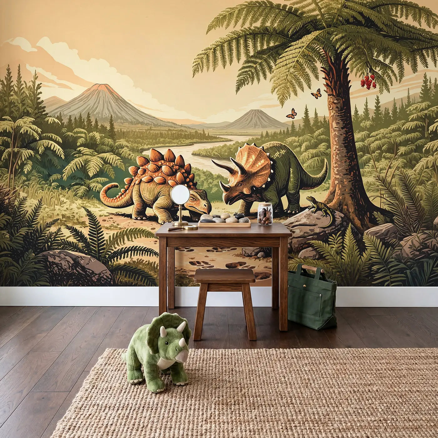 Dinosaur Shade Rest Afternoon Wallpaper Mural in playroom setting by Whimsy Tots