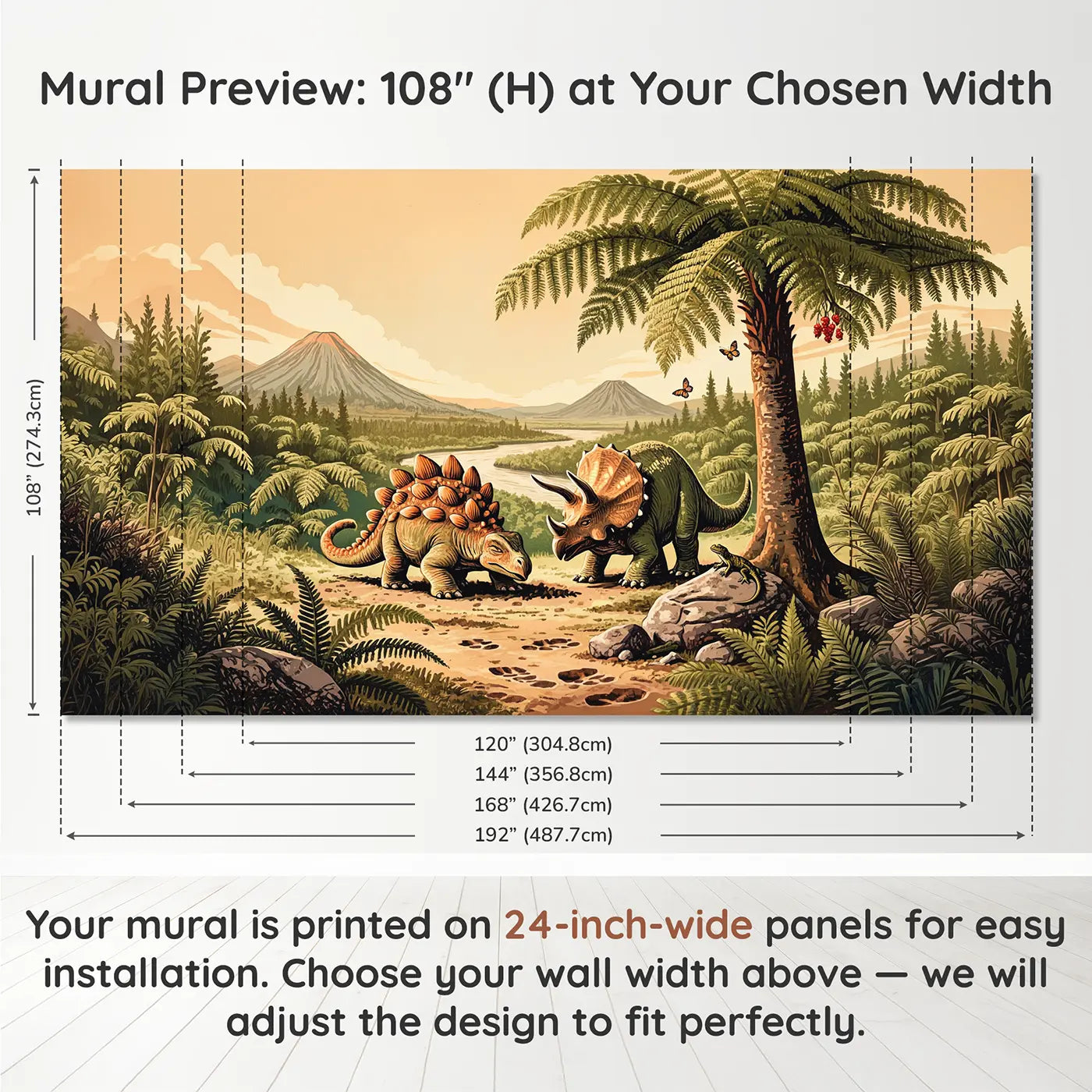 Panel layout and dimensions for Dinosaur Shade Rest Afternoon Wallpaper Mural by Whimsy Tots