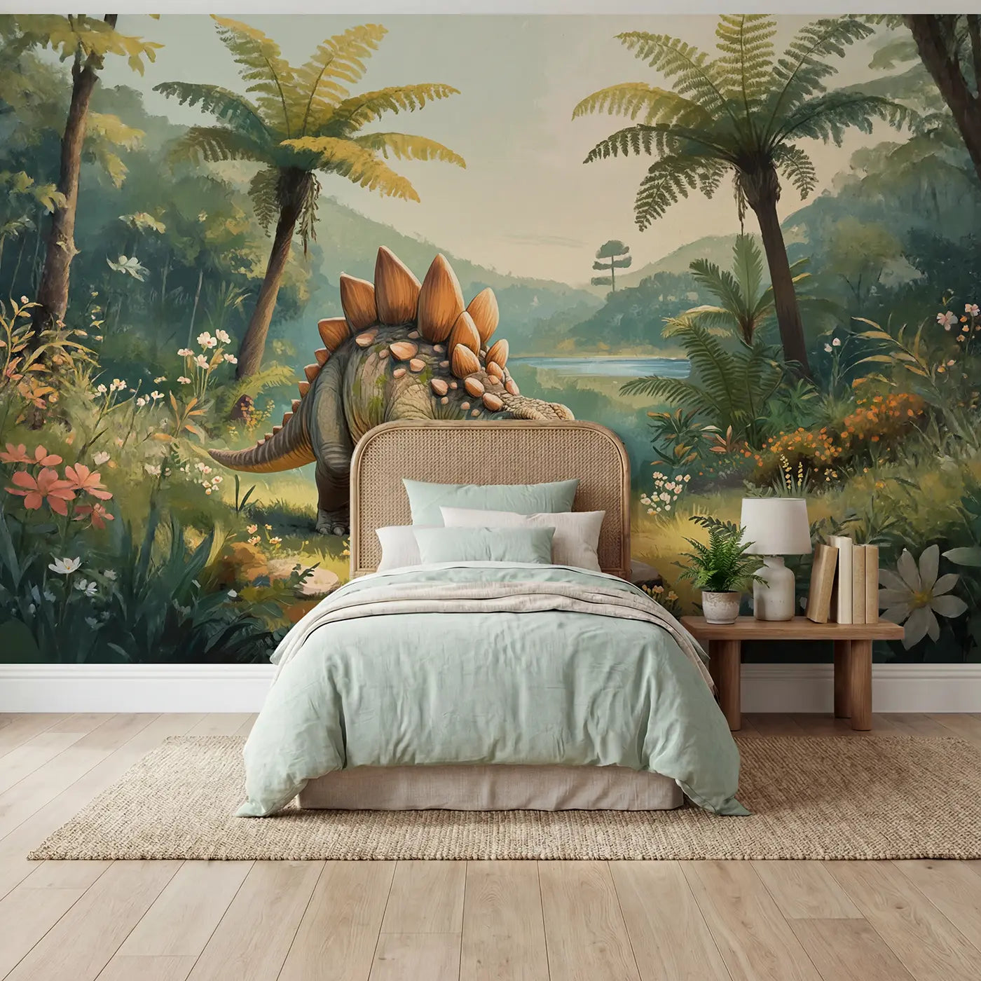 Soft pastel stegosaurus fern garden wallpaper mural for kids room by Whimsy Tots
