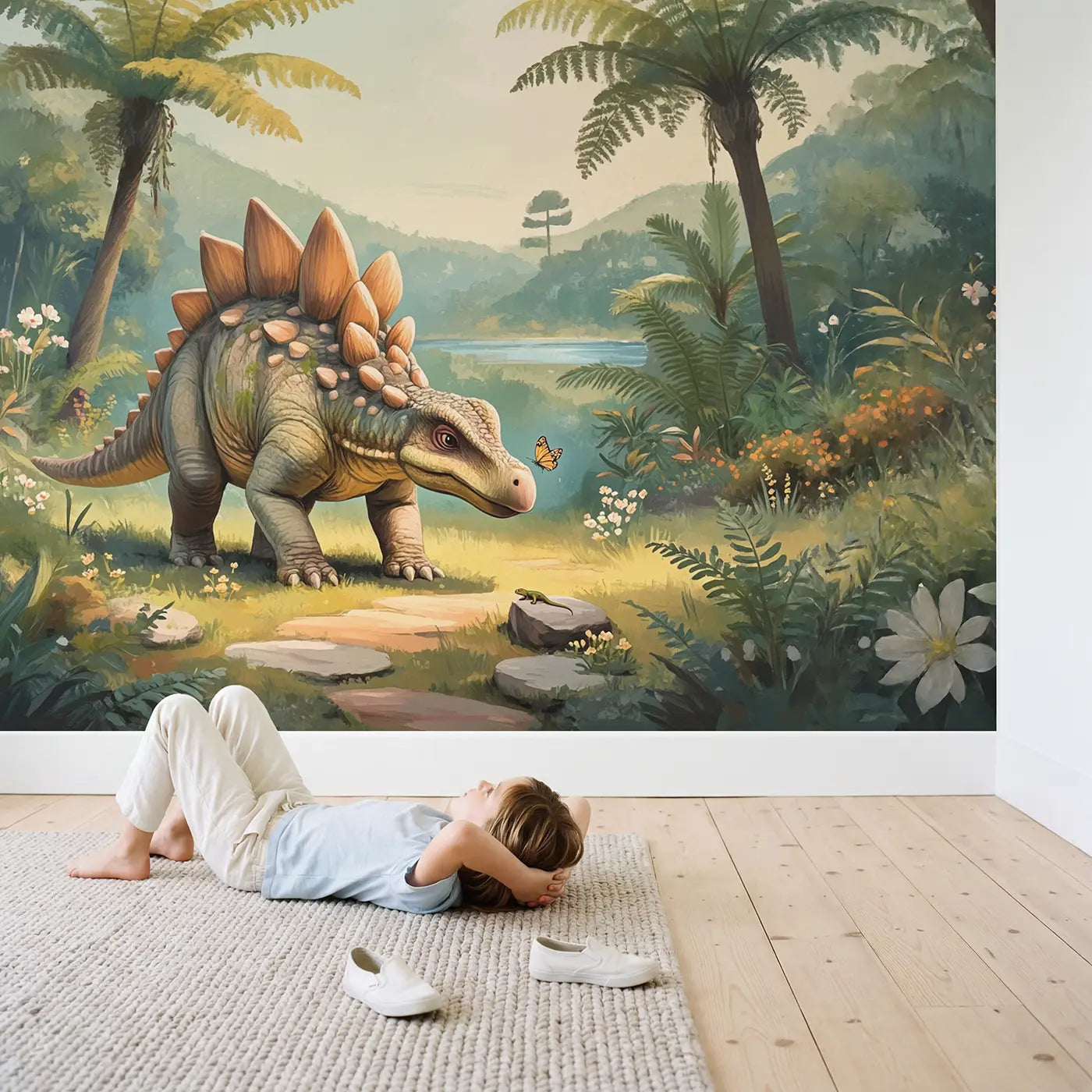 Child in nursery with Gentle Stegosaurus Garden Wallpaper Mural by Whimsy Tots