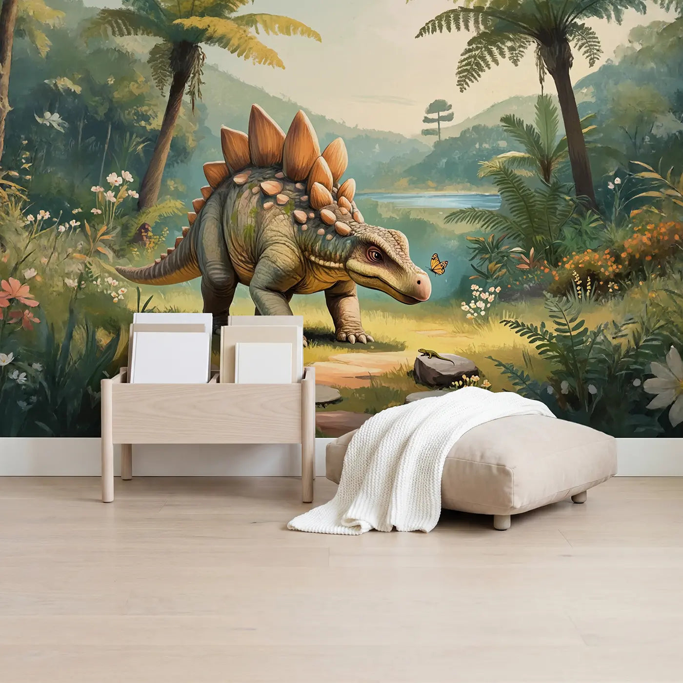 Gentle Stegosaurus Garden Wallpaper Mural in playroom setting by Whimsy Tots