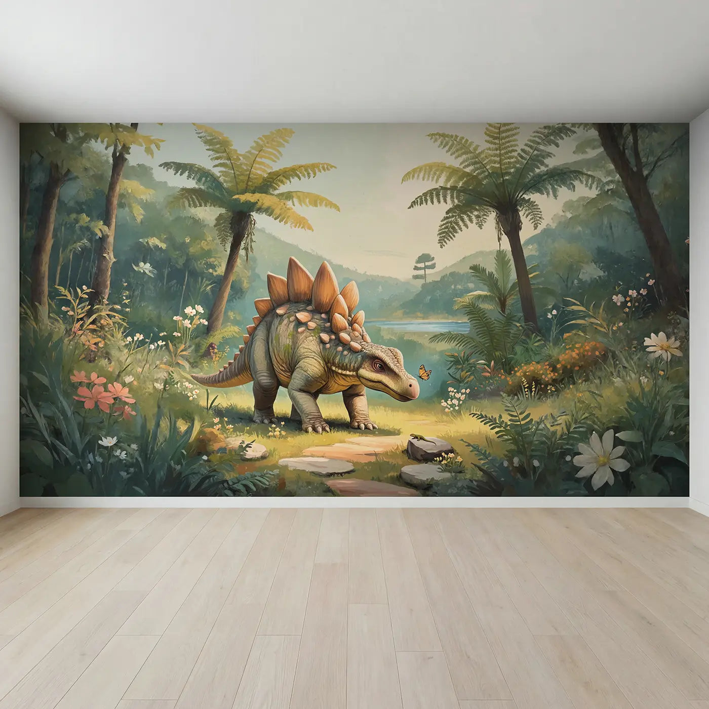 Full view of Gentle Stegosaurus Garden Wallpaper Mural by Whimsy Tots