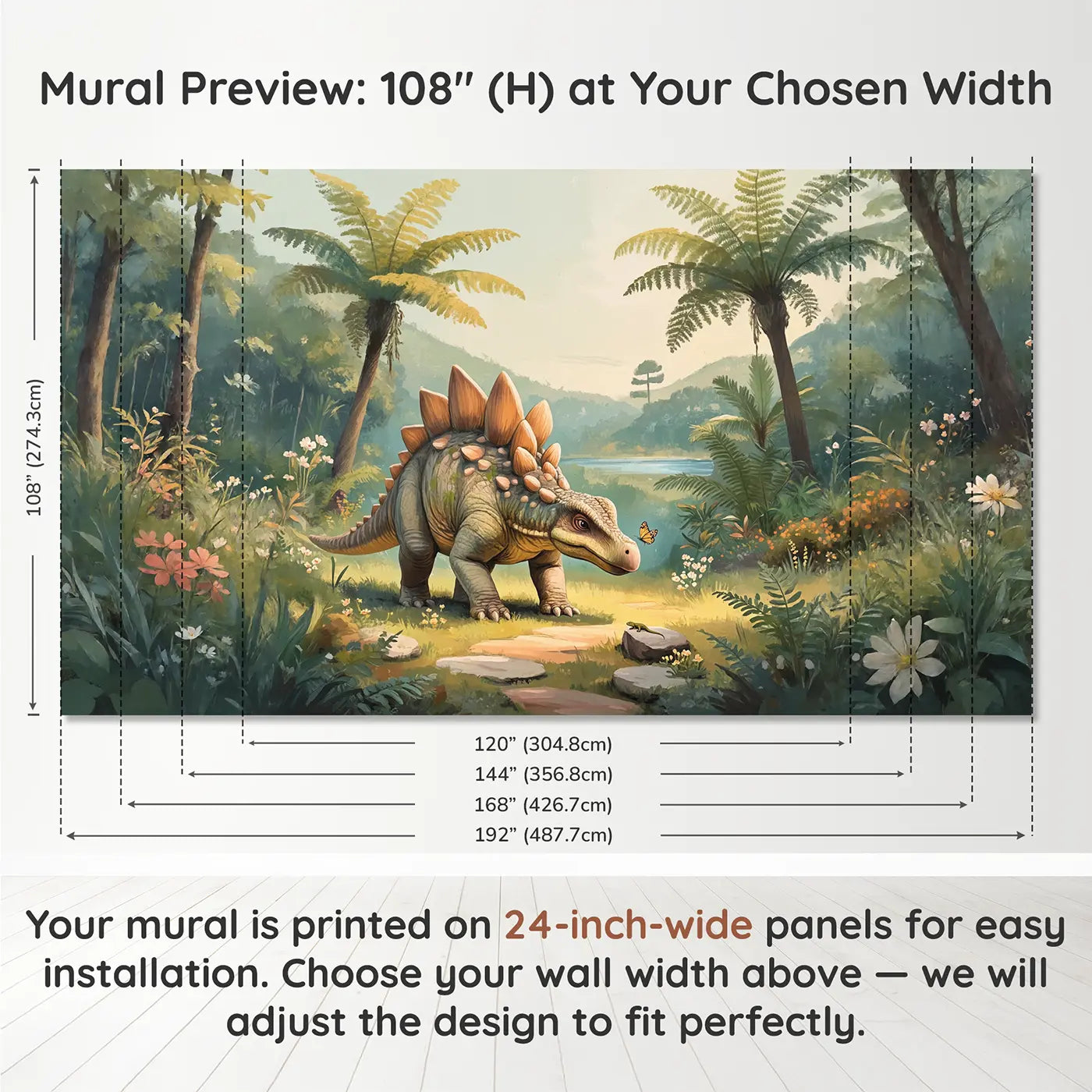 Panel layout and dimensions for Gentle Stegosaurus Garden Wallpaper Mural by Whimsy Tots