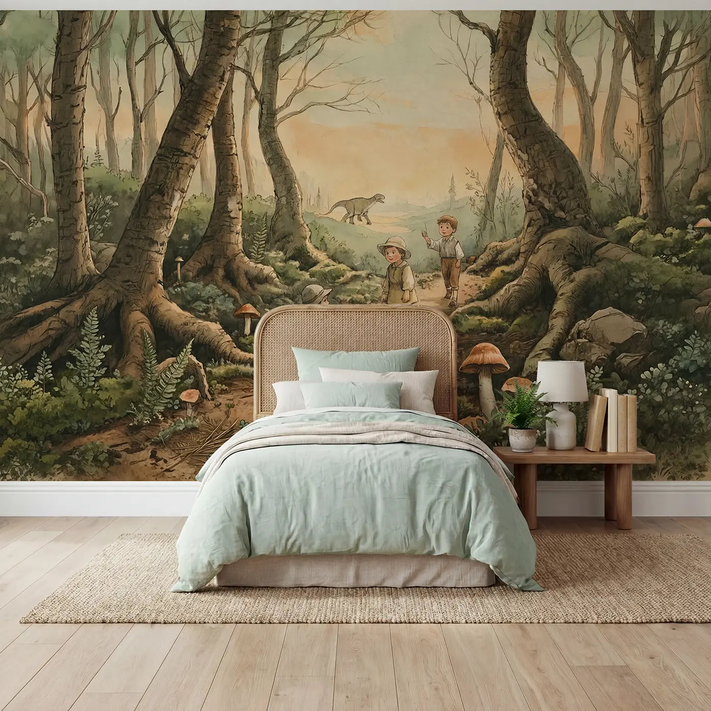 Storybook dinosaur forest prehistoric wallpaper mural for kids room by Whimsy Tots