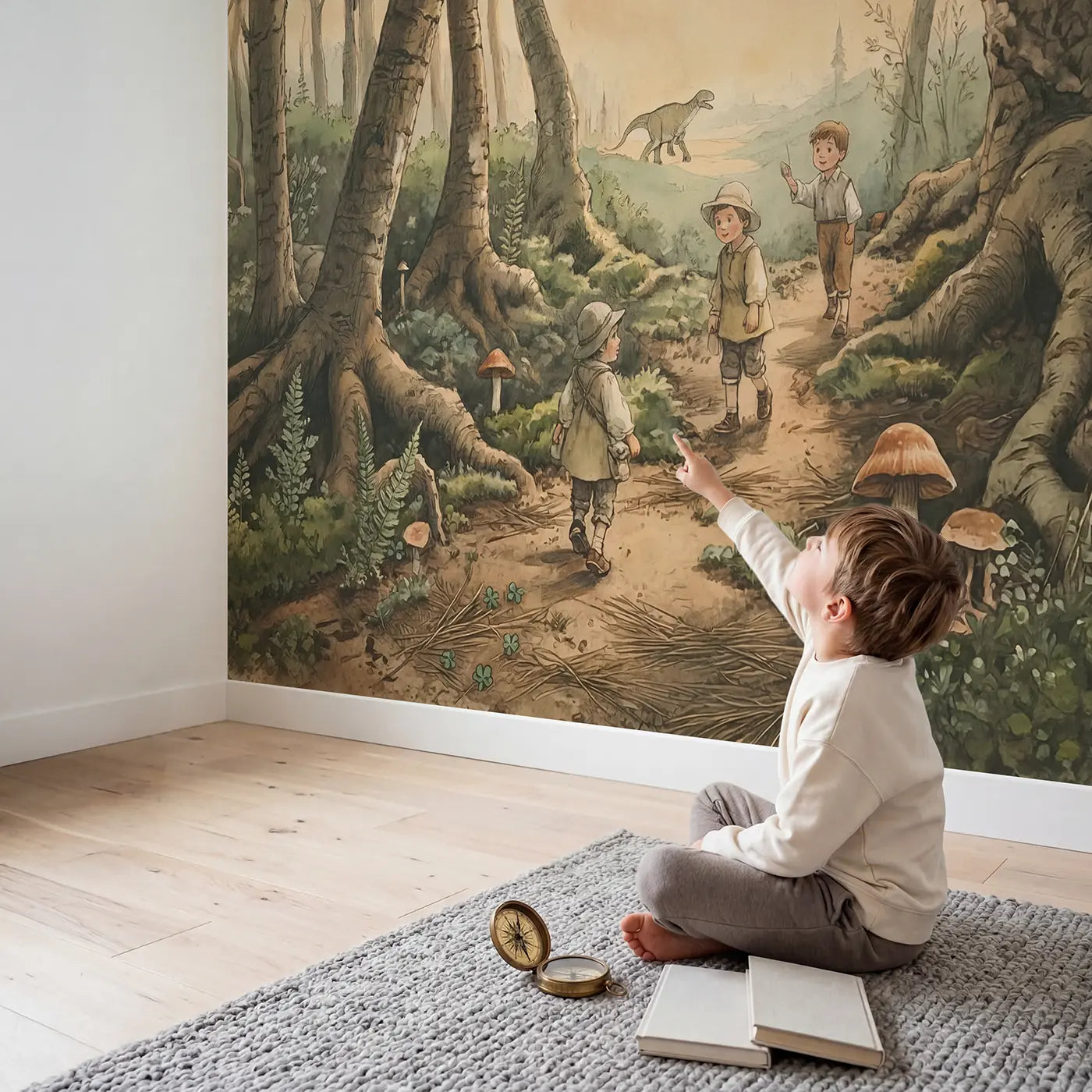 Child in nursery with Brontosaurus Passing Forest Creating Wallpaper Mural by Whimsy Tots