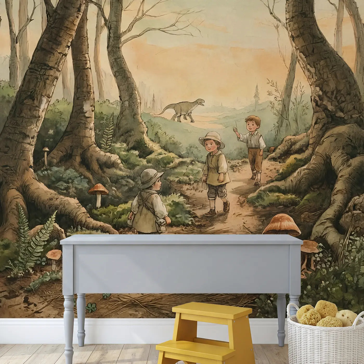 Brontosaurus Passing Forest Creating Wallpaper Mural in playroom setting by Whimsy Tots